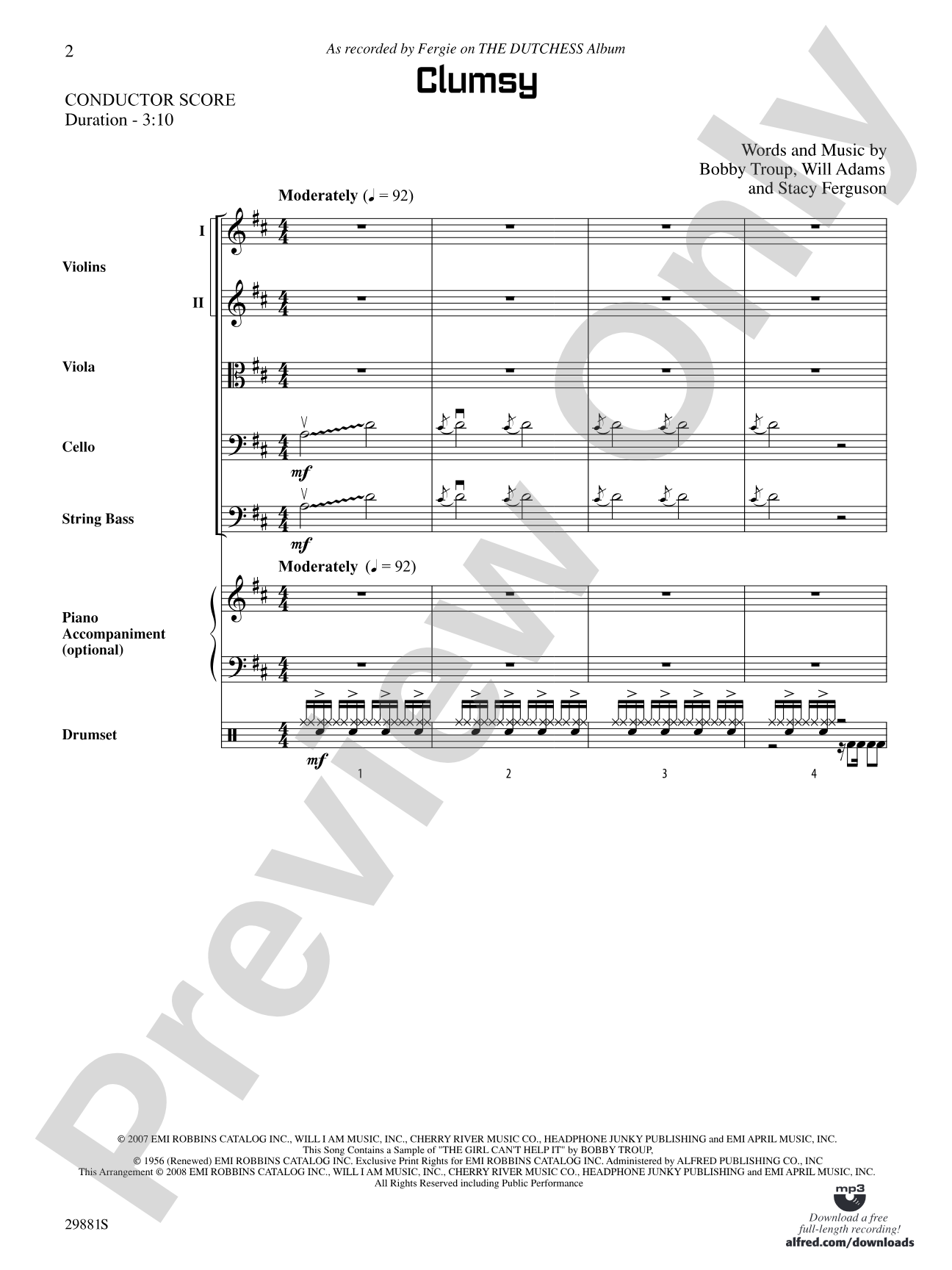 Clumsy (as recorded by Fergie on the album The Dutchess): String Orchestra Conductor Score & Parts