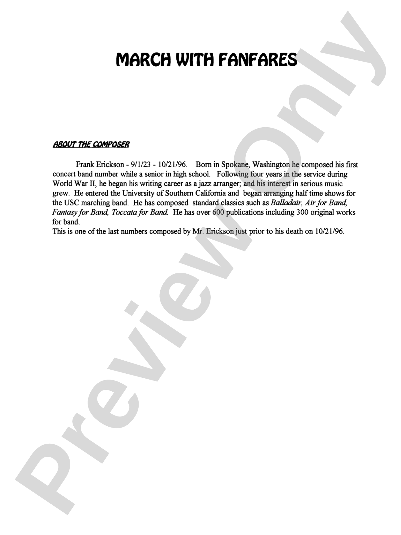 March with Fanfares: Concert Band Conductor Score & Parts