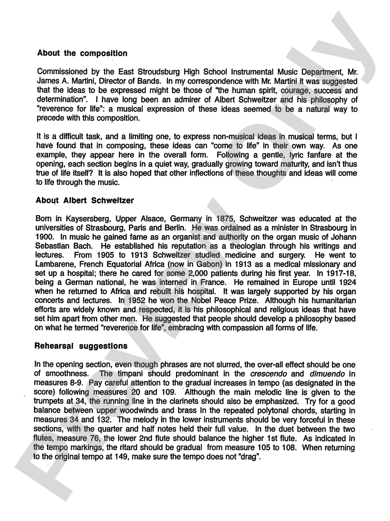 Reverence for Life: Concert Band Conductor Score & Parts