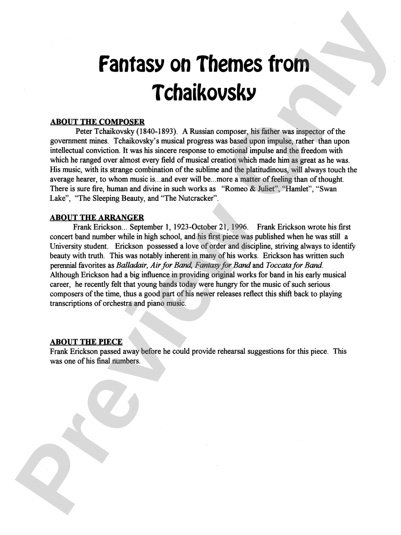 Fantasy on Themes from Tchaikovsky: Concert Band Conductor Score & Parts