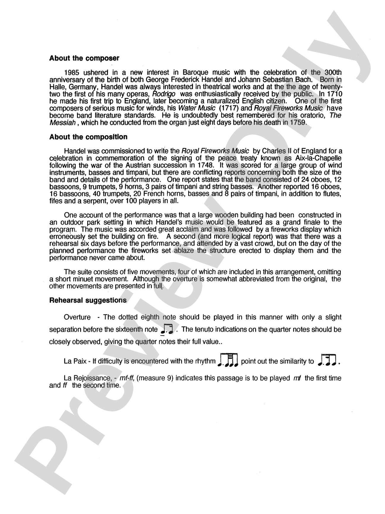 Royal Fireworks Music: Concert Band Conductor Score & Parts