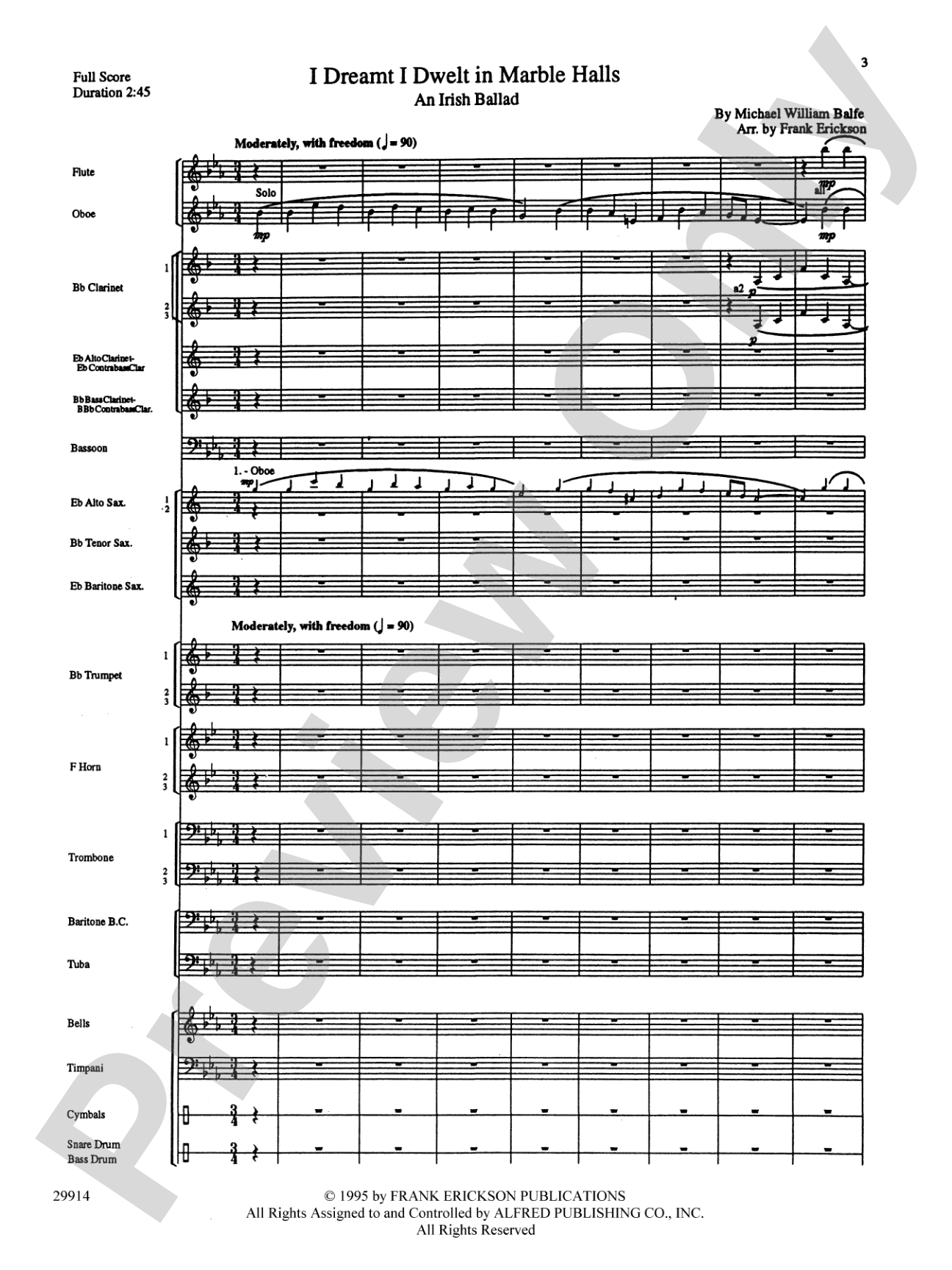 I Dreamt I Dwelt in Marble Halls: Concert Band Conductor Score & Parts