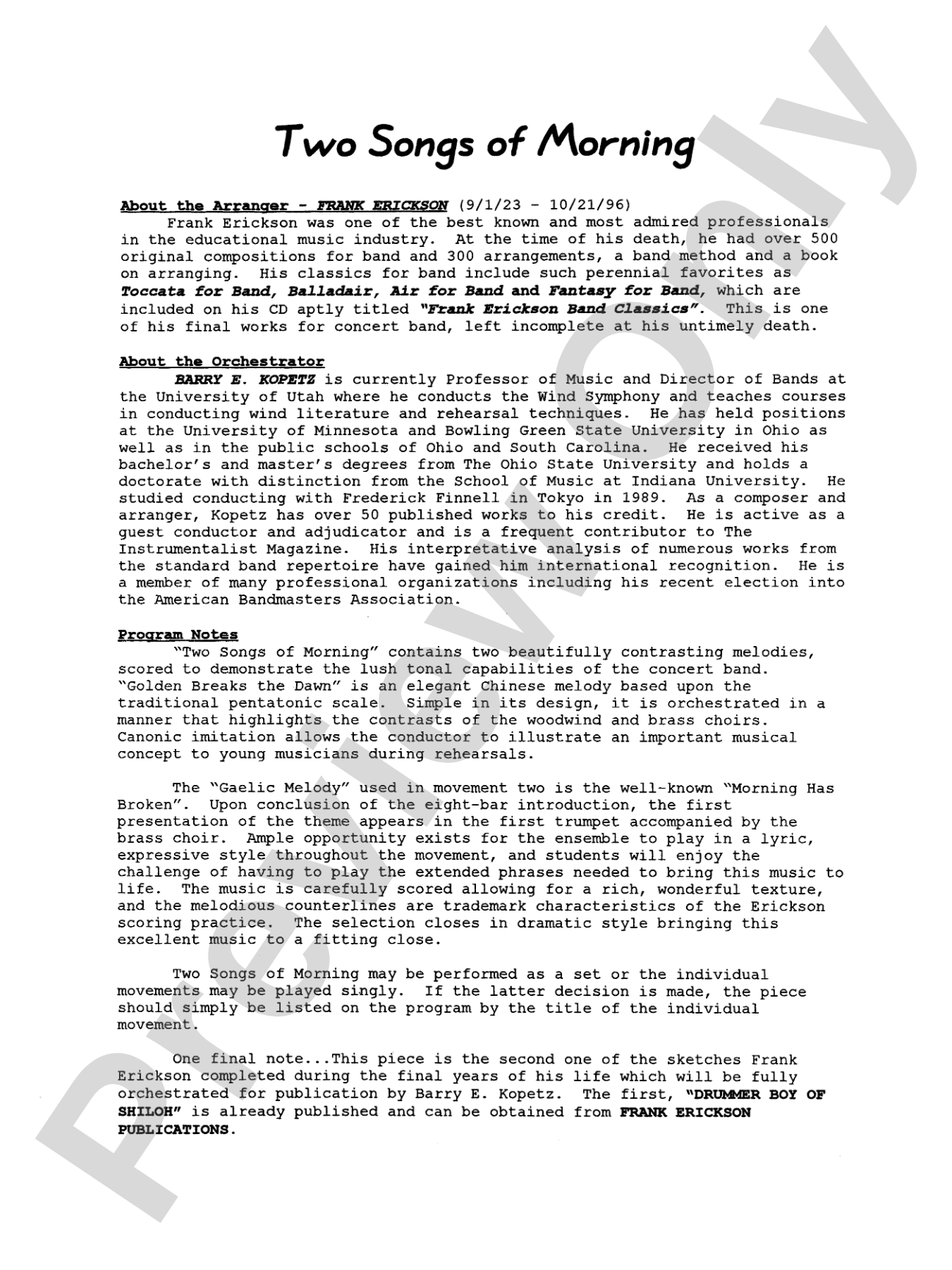 Two Songs of Morning: Concert Band Conductor Score & Parts