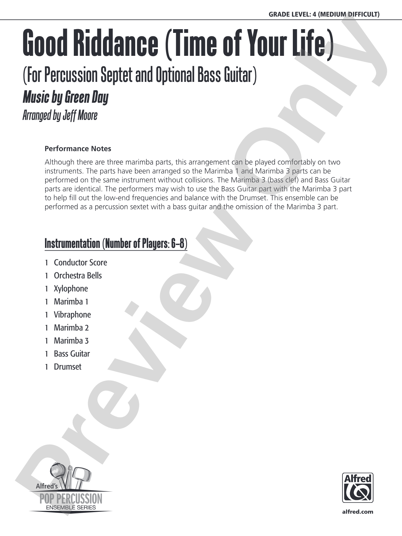 Good Riddance (Time of Your Life): Percussion Ensemble Conductor Score & Parts