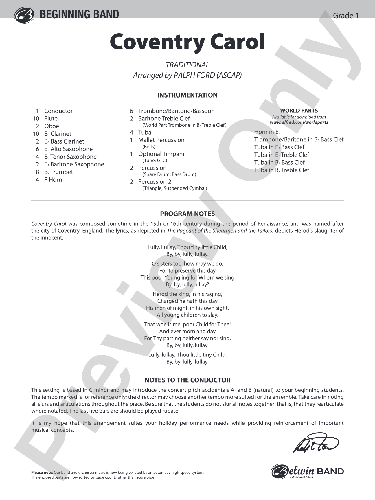 Coventry Carol: Concert Band Conductor Score & Parts