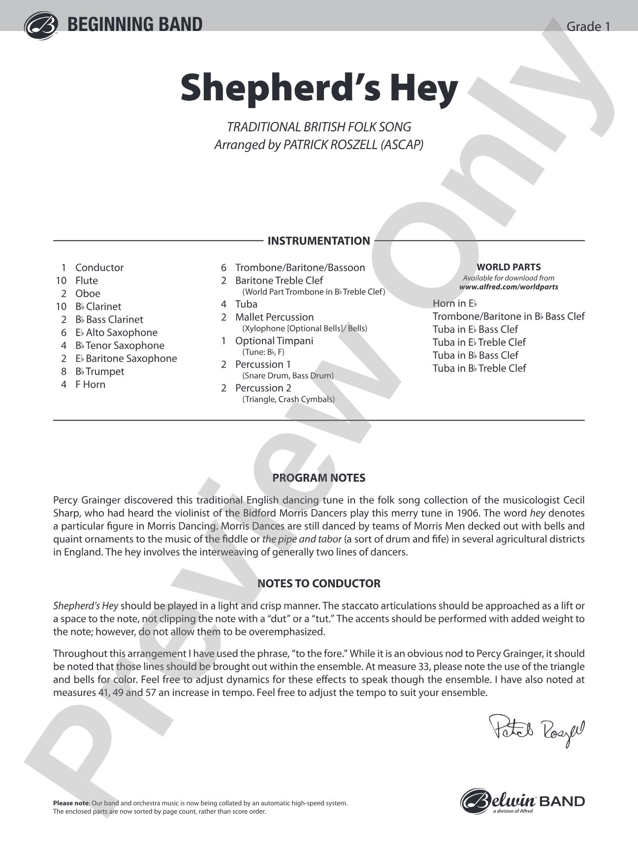 Shepherd's Hey: Concert Band Conductor Score & Parts