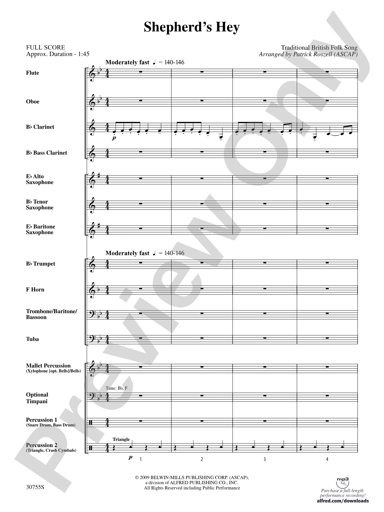 Shepherd's Hey: Concert Band Conductor Score & Parts