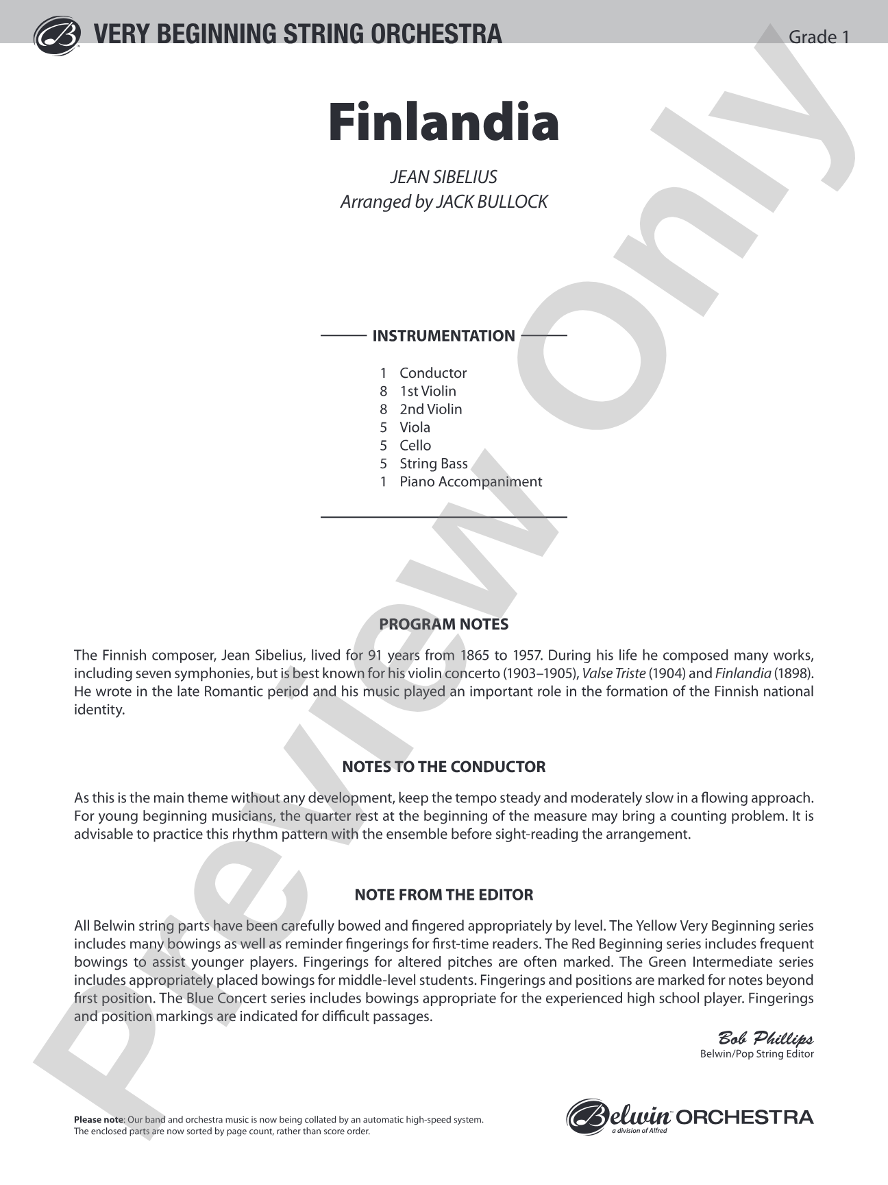 Finlandia: String Orchestra Conductor Score & Parts
