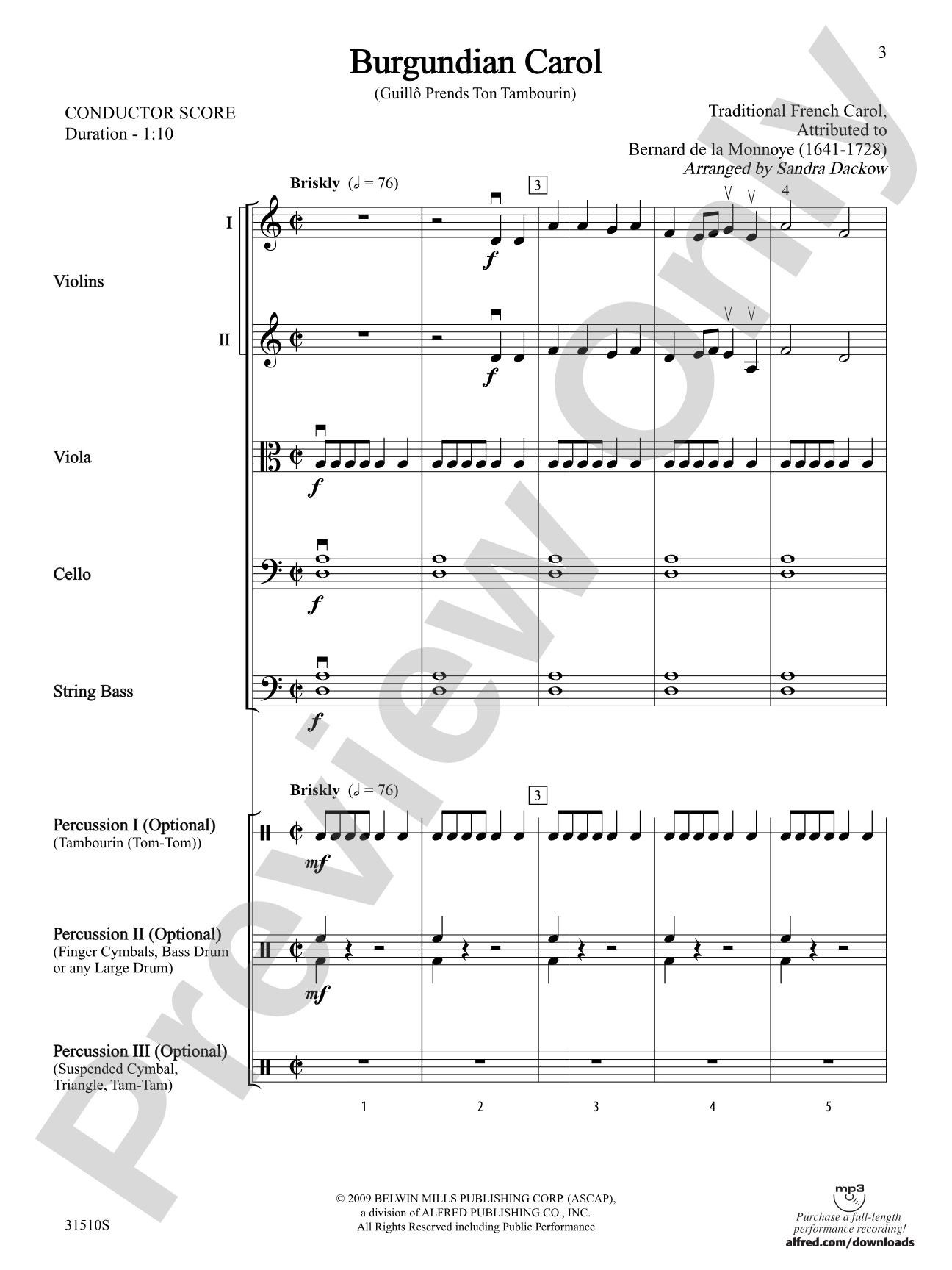 Burgundian Carol (Guillo Prends Ton Tamourin): String Orchestra Conductor Score & Parts
