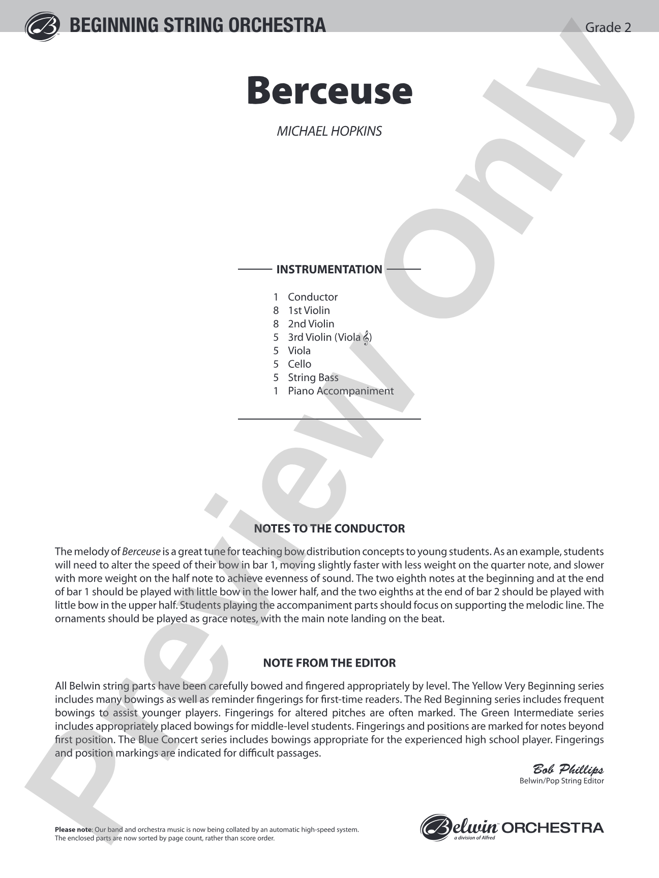 Berceuse: String Orchestra Conductor Score & Parts