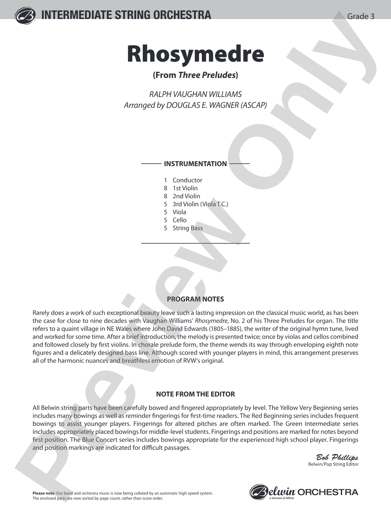 Rhosymedre (from Three Preludes): String Orchestra Conductor Score & Parts
