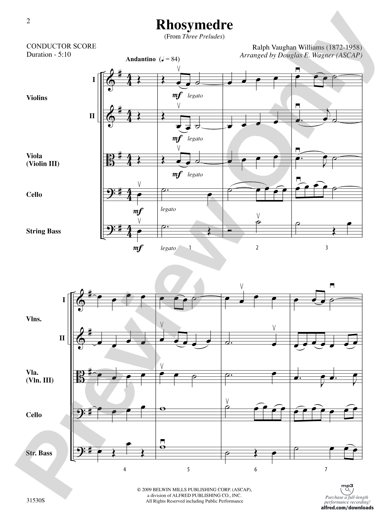 Rhosymedre (from Three Preludes): String Orchestra Conductor Score & Parts