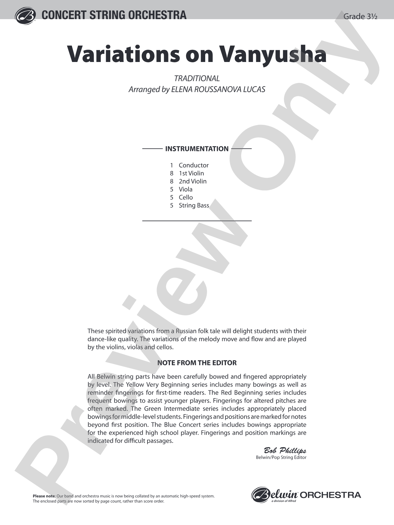 Variations on Vanyusha: String Orchestra Conductor Score & Parts