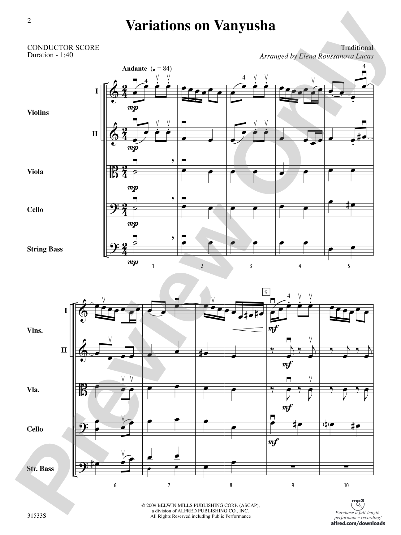 Variations on Vanyusha: String Orchestra Conductor Score & Parts