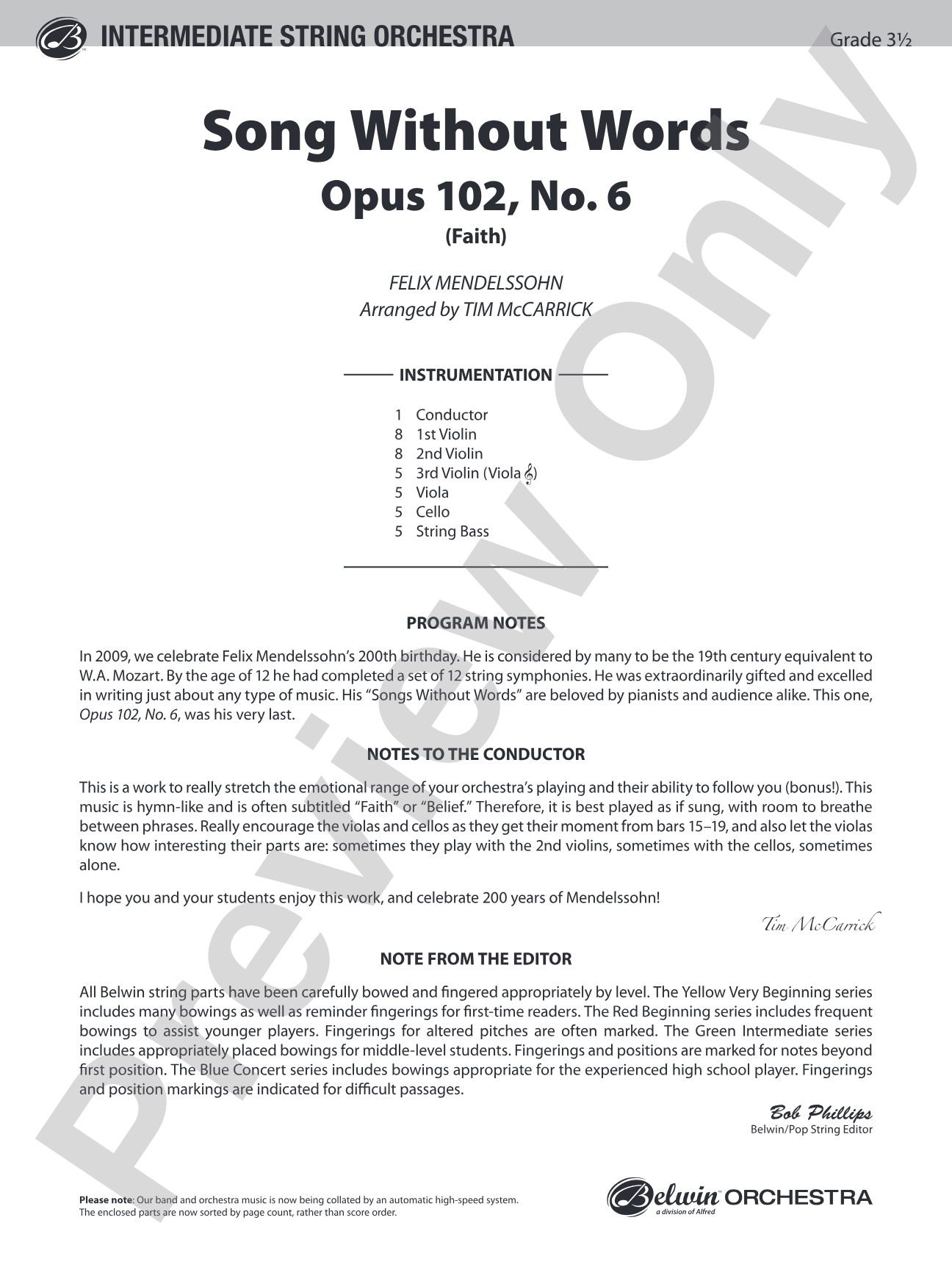 Song Without Words, Opus 102, No. 6 (Faith): String Orchestra Conductor Score & Parts