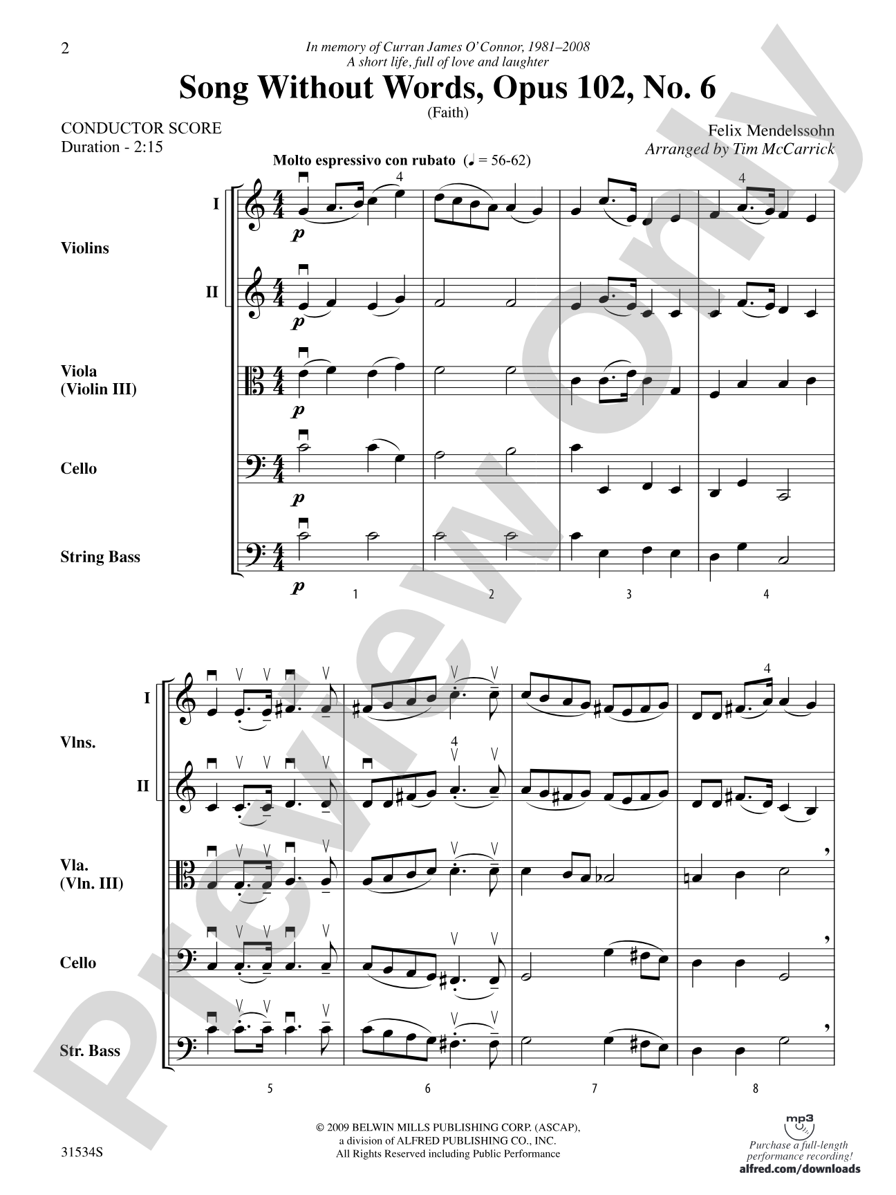 Song Without Words, Opus 102, No. 6 (Faith): String Orchestra Conductor Score & Parts