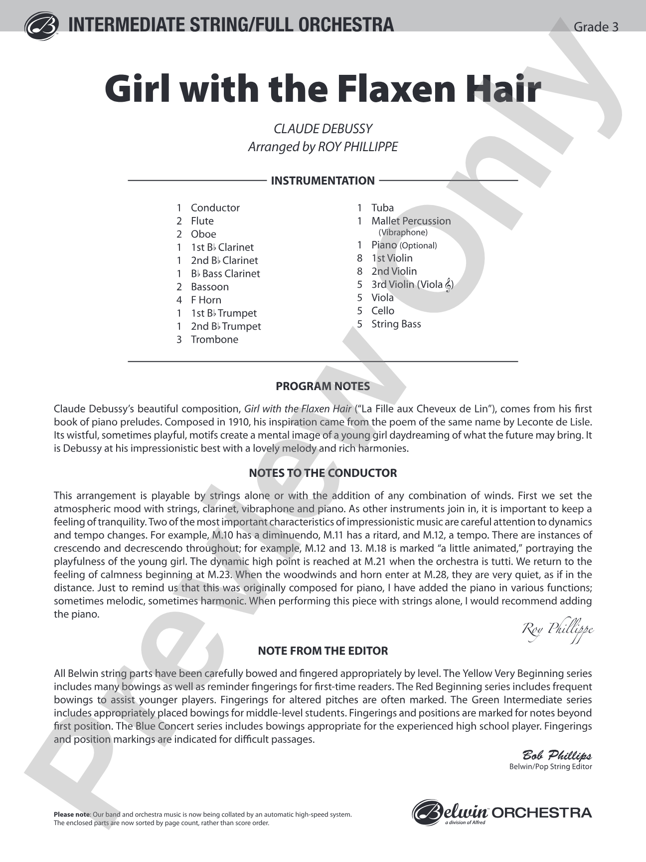 Girl with the Flaxen Hair: Full Orchestra Conductor Score & Parts