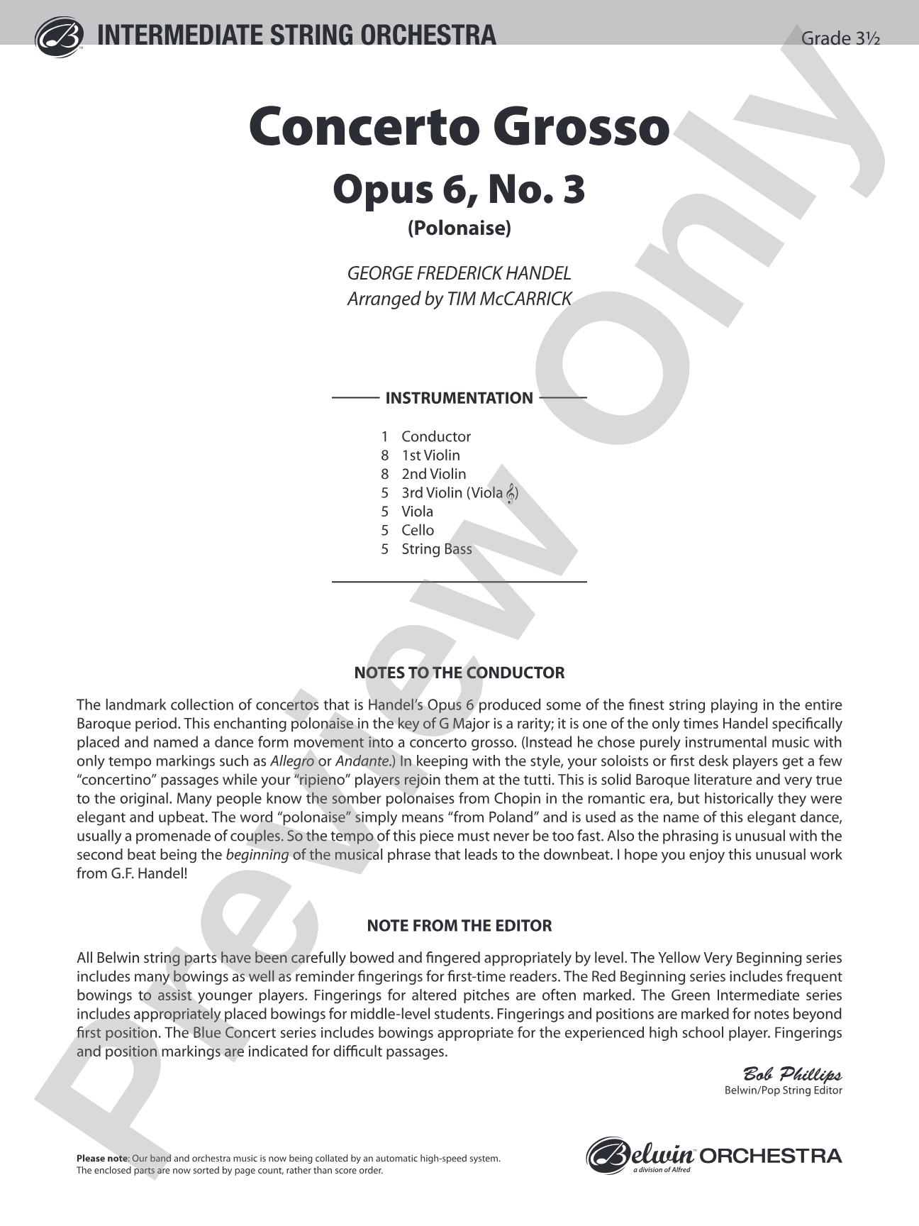 Concerto Grosso, Opus 6, No. 3 (Polonaise): String Orchestra Conductor Score & Parts