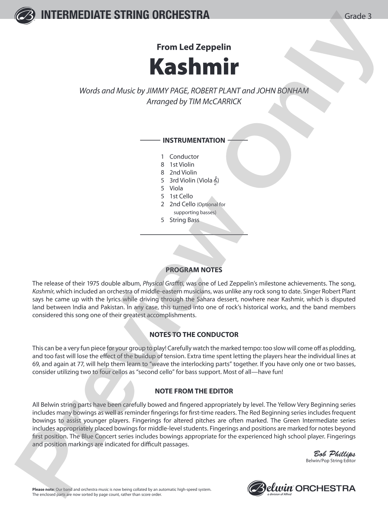 Kashmir: String Orchestra Conductor Score & Parts
