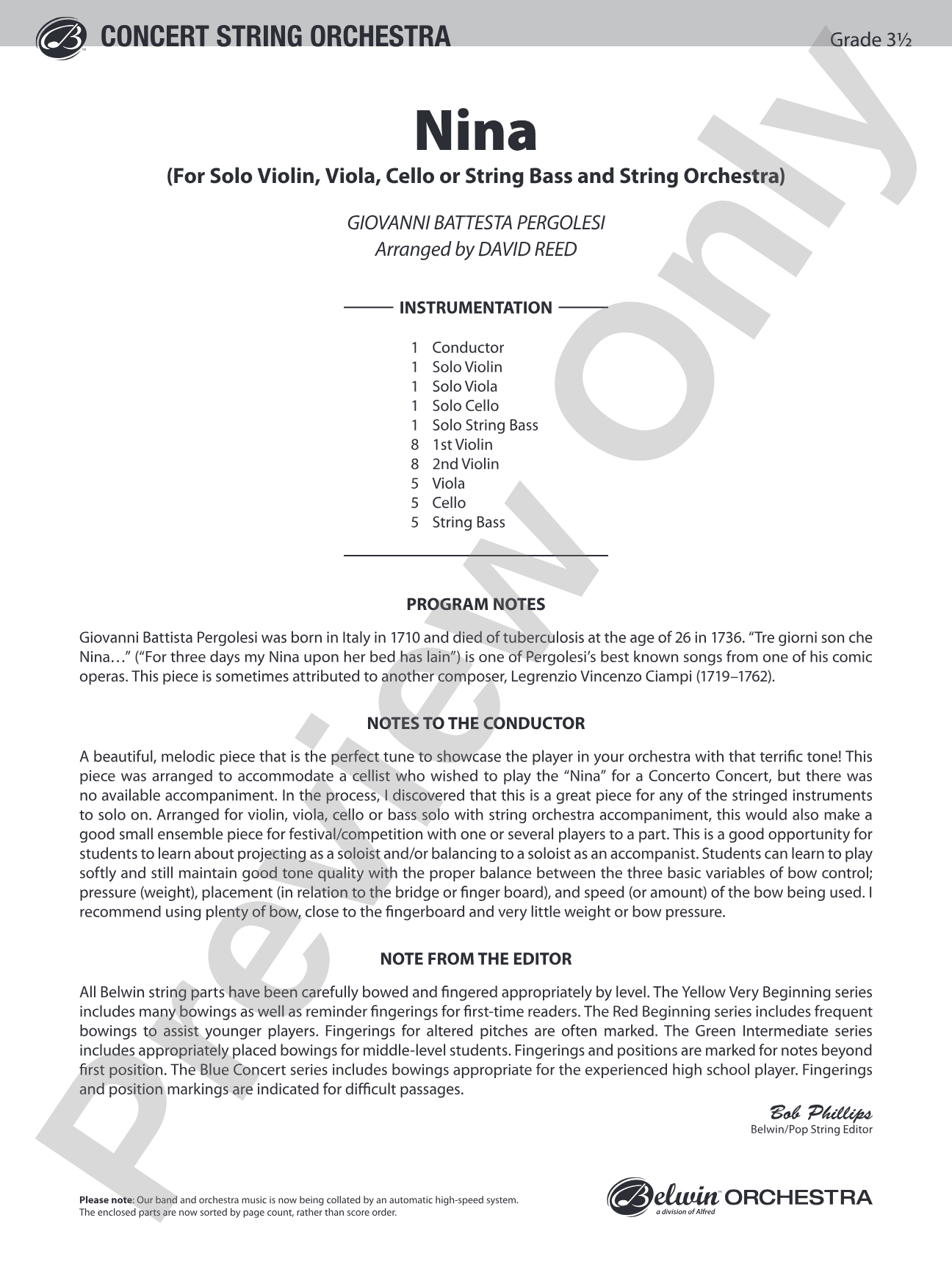 Nina: String Orchestra Conductor Score & Parts