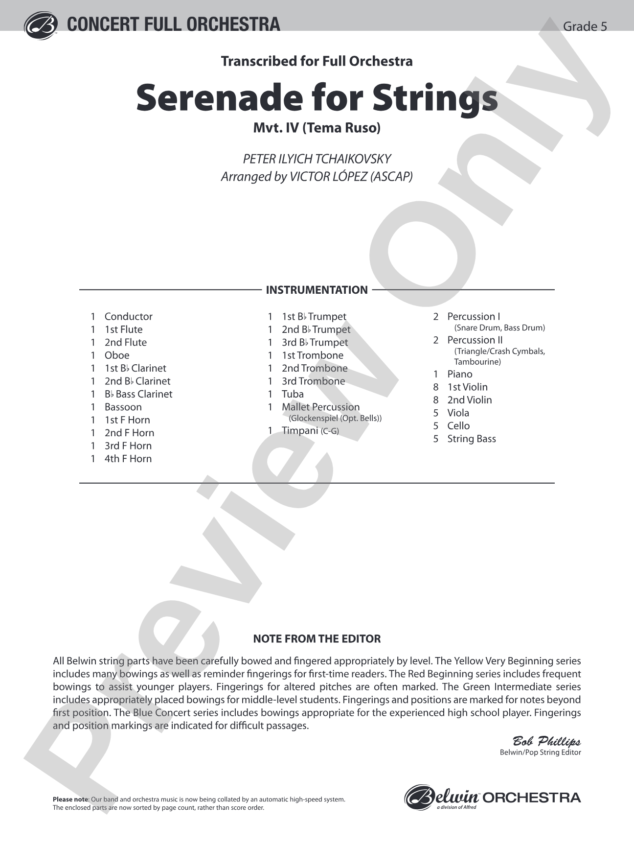 Serenade for Strings Mvt. IV Finale (Tema Ruso): Full Orchestra Conductor Score & Parts