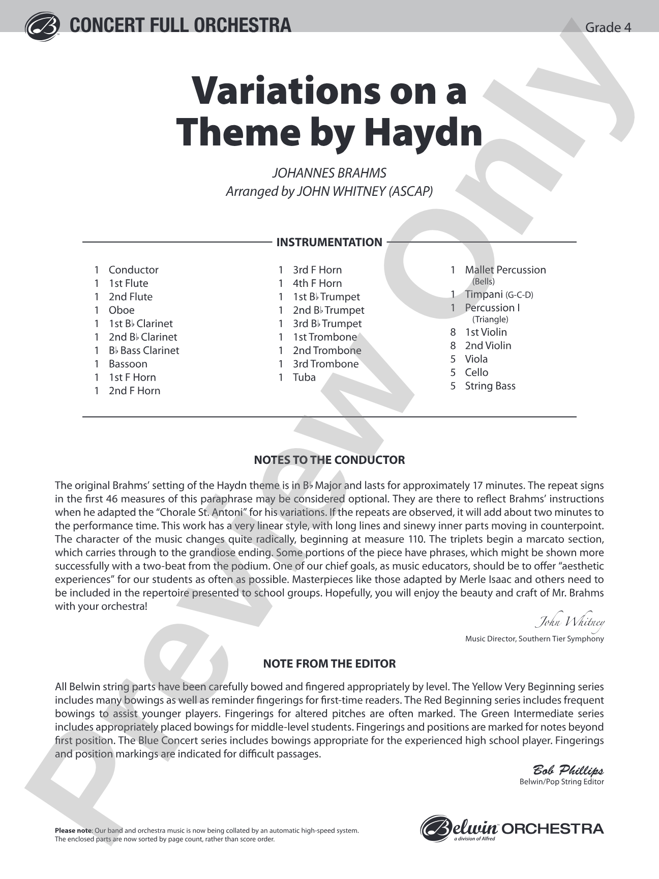 Variations on a Theme by Haydn: Full Orchestra Conductor Score & Parts