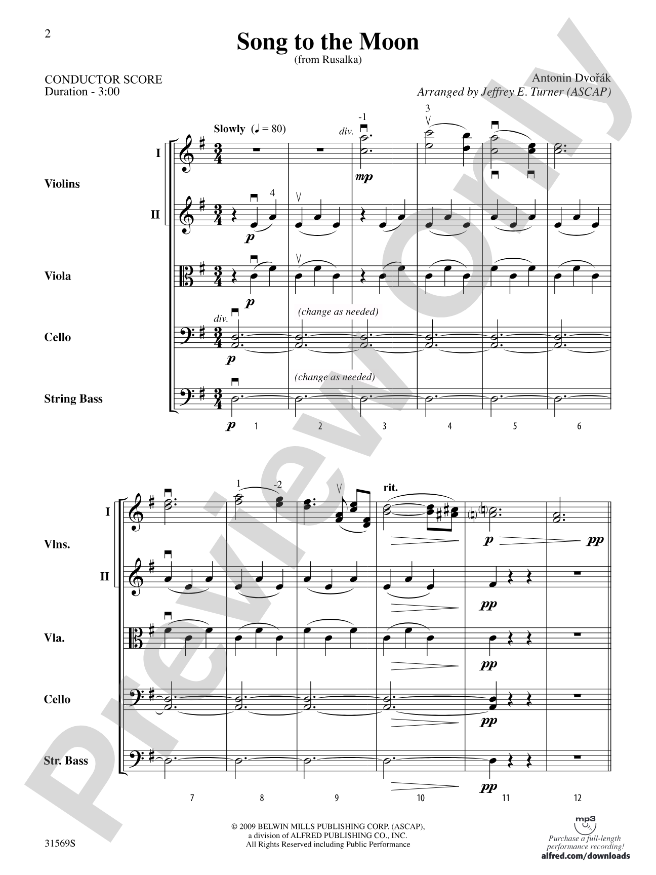 Song to the Moon (From Rusalka): String Orchestra Conductor Score & Parts