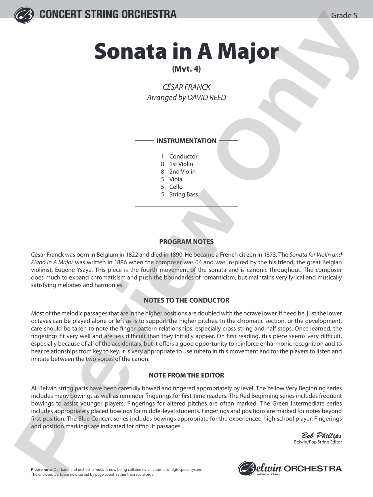 Sonata in A Major (Mvt. 4): String Orchestra Conductor Score & Parts