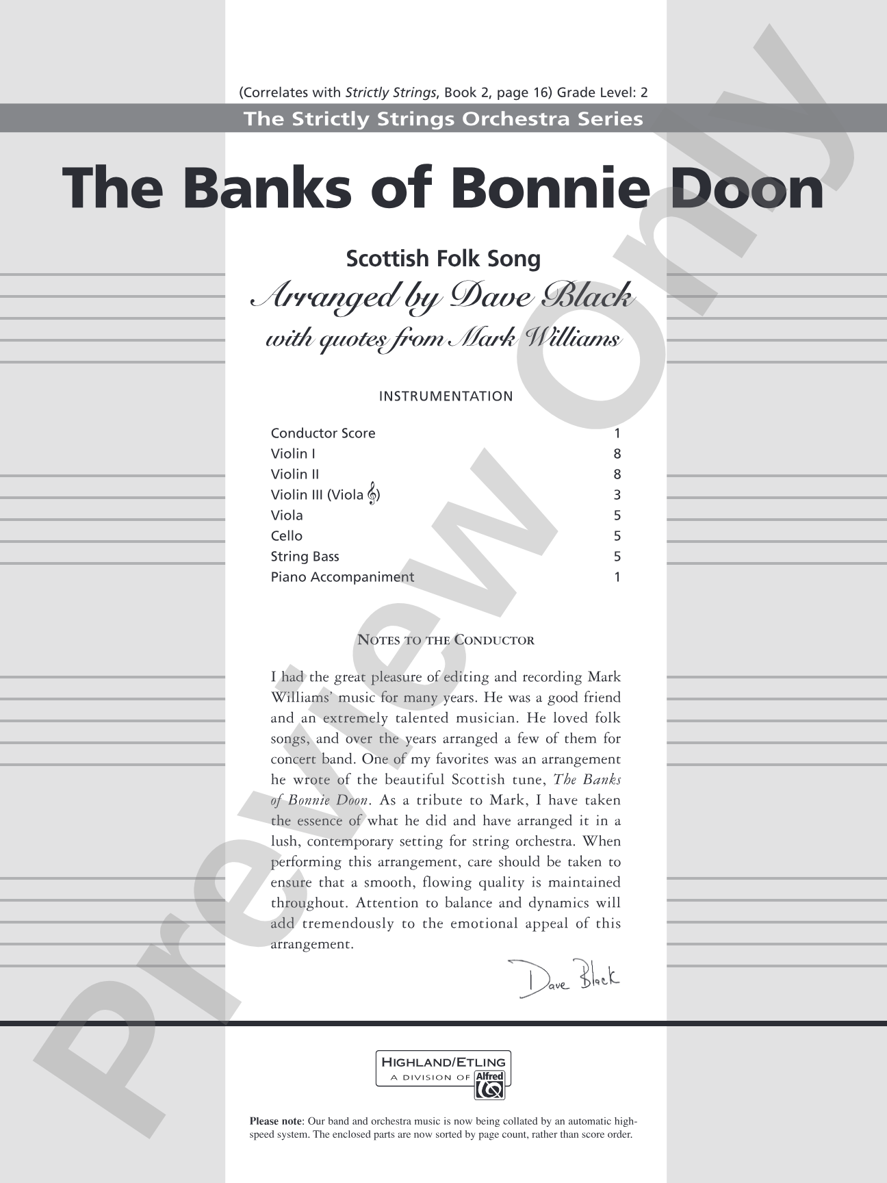 The Banks of Bonnie Doon: String Orchestra Conductor Score & Parts