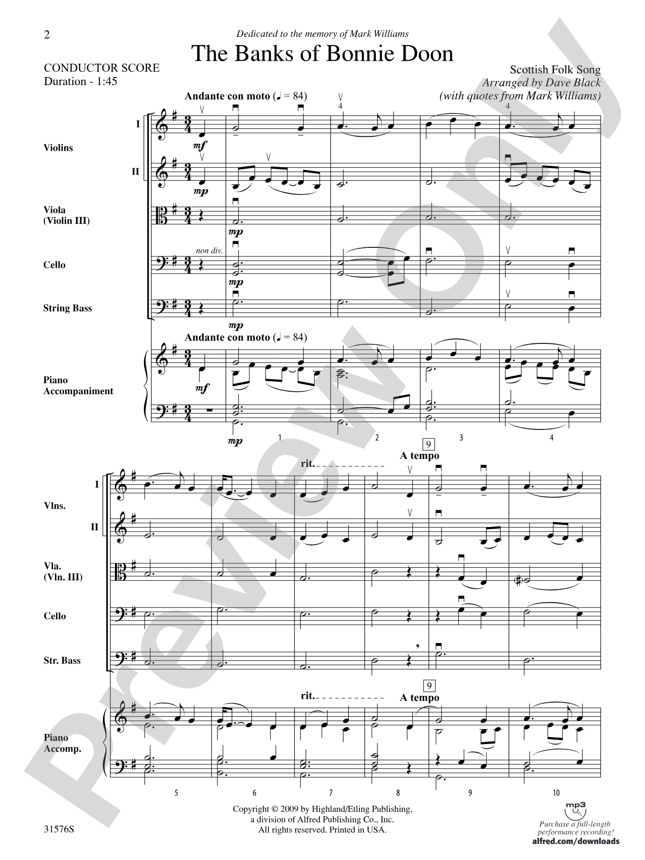 The Banks of Bonnie Doon: String Orchestra Conductor Score & Parts
