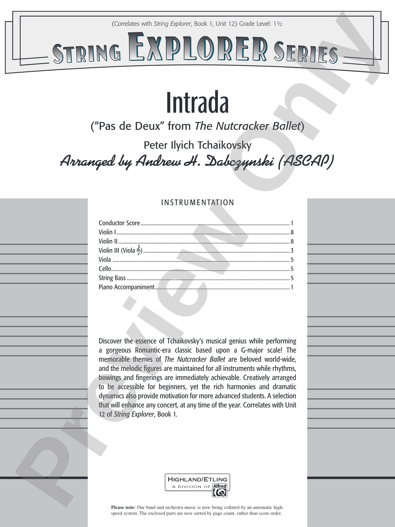 Intrada (Pas de Deux from the Nutcracker Ballet): String Orchestra Conductor Score & Parts