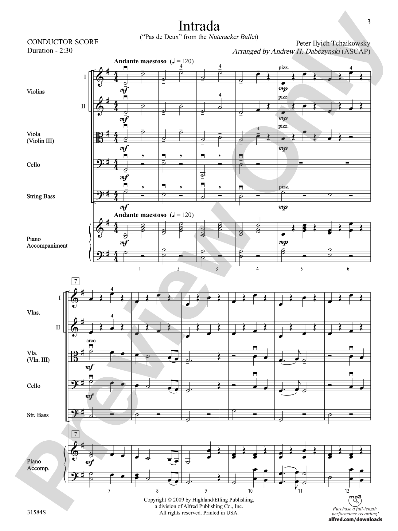 Intrada (Pas de Deux from the Nutcracker Ballet): String Orchestra Conductor Score & Parts