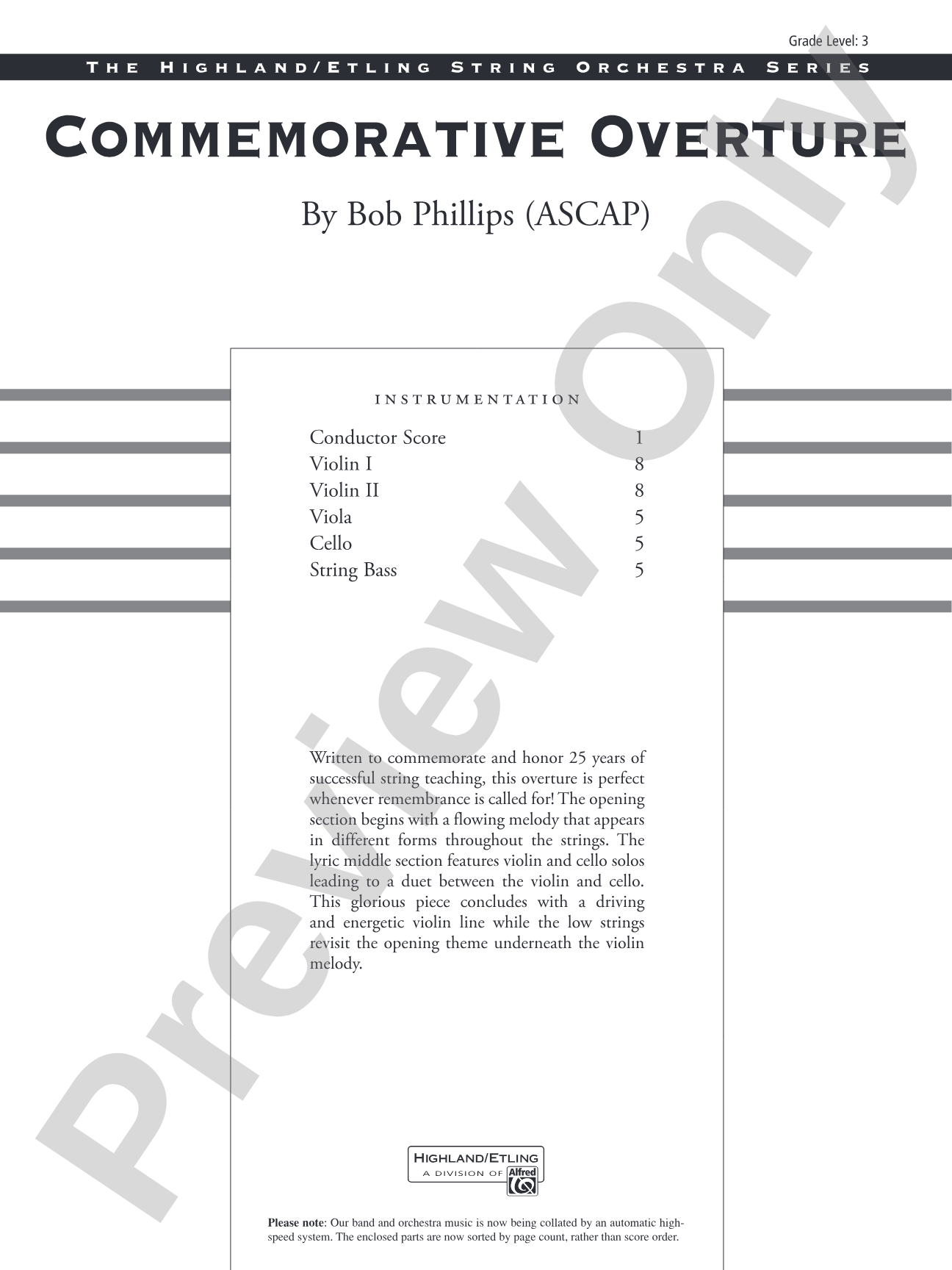 Commemorative Overture: String Orchestra Conductor Score & Parts