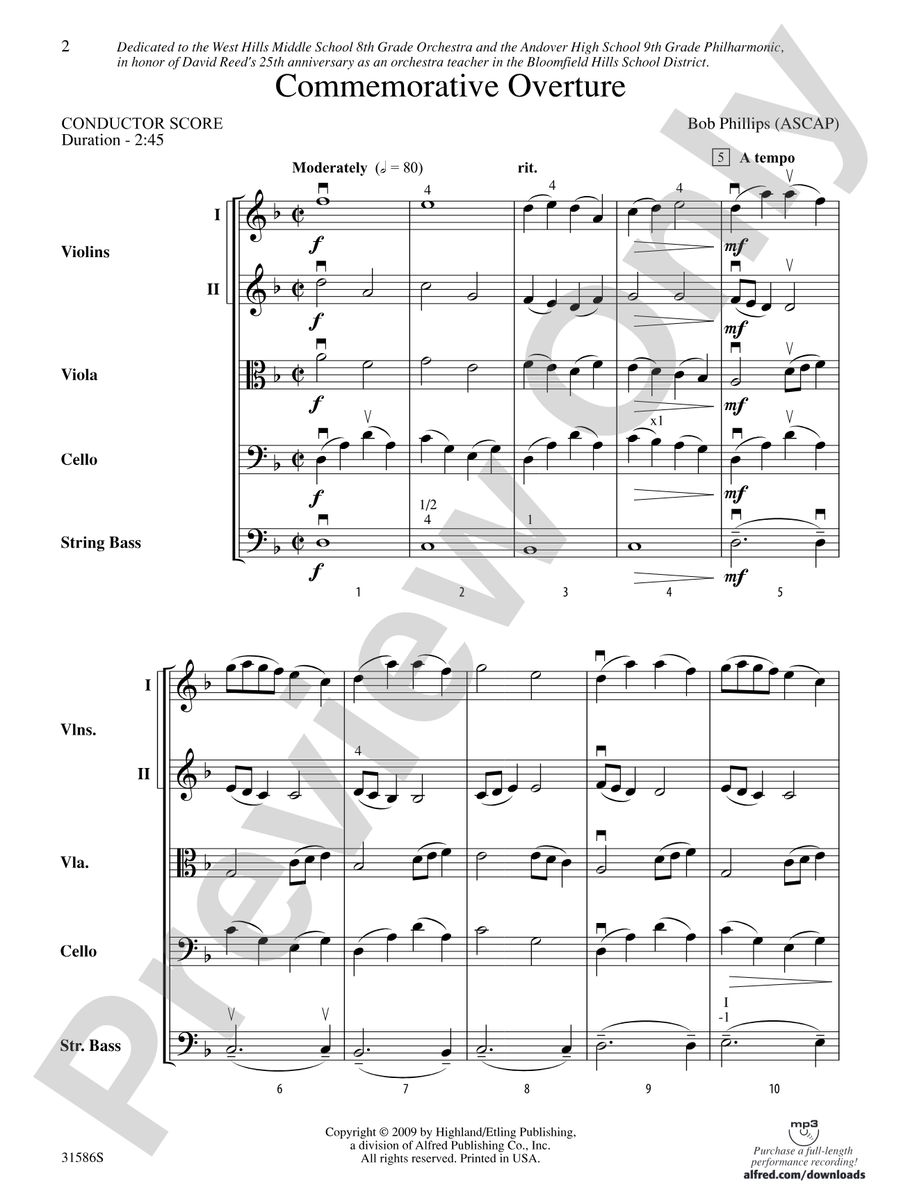 Commemorative Overture: String Orchestra Conductor Score & Parts