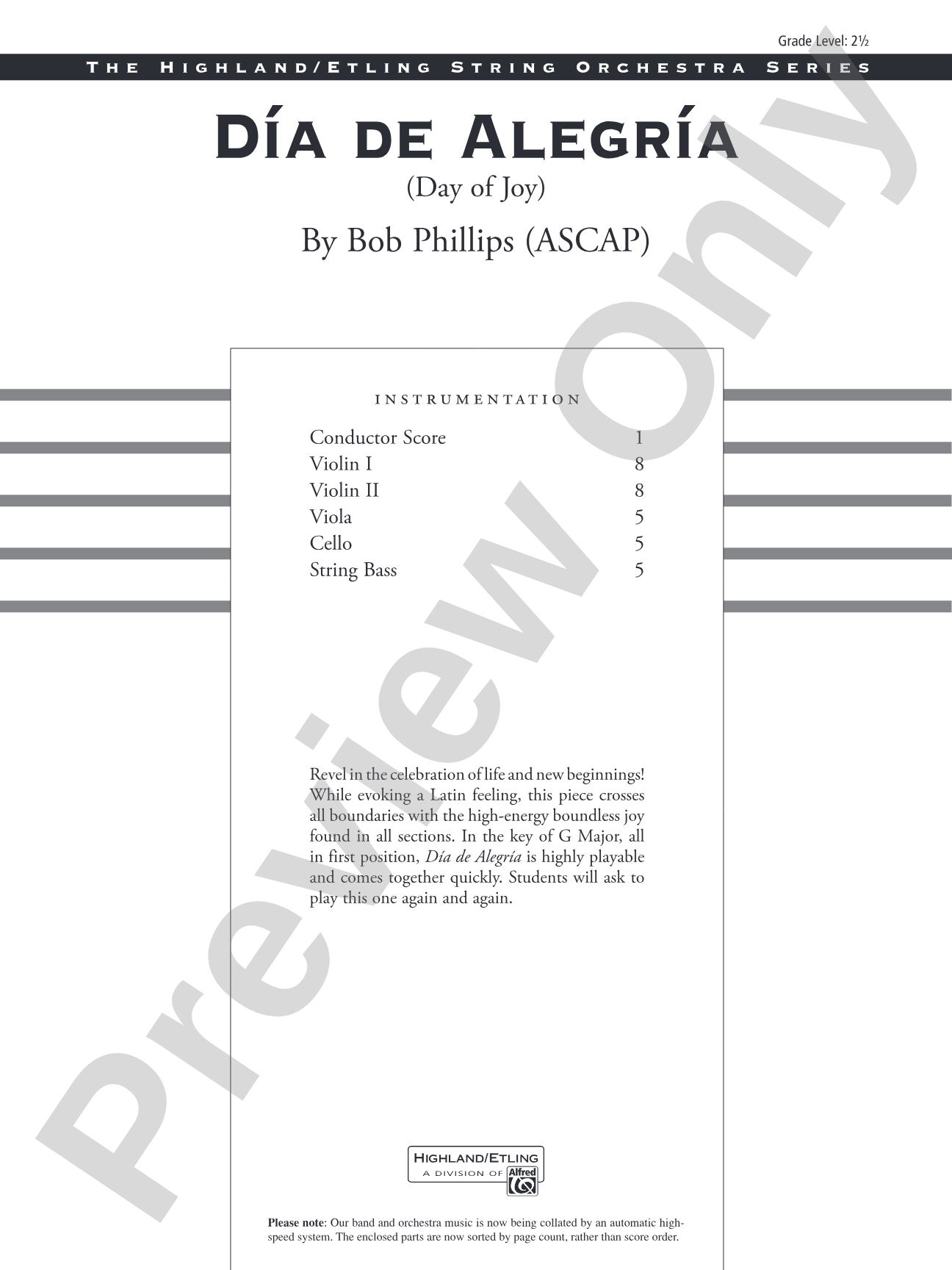 Día de Alegría (Day of Joy): String Orchestra Conductor Score & Parts