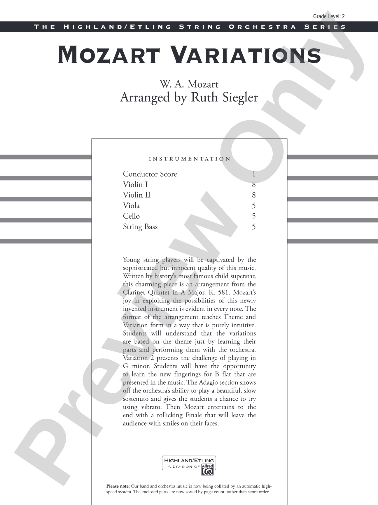 Mozart Variations: String Orchestra Conductor Score & Parts