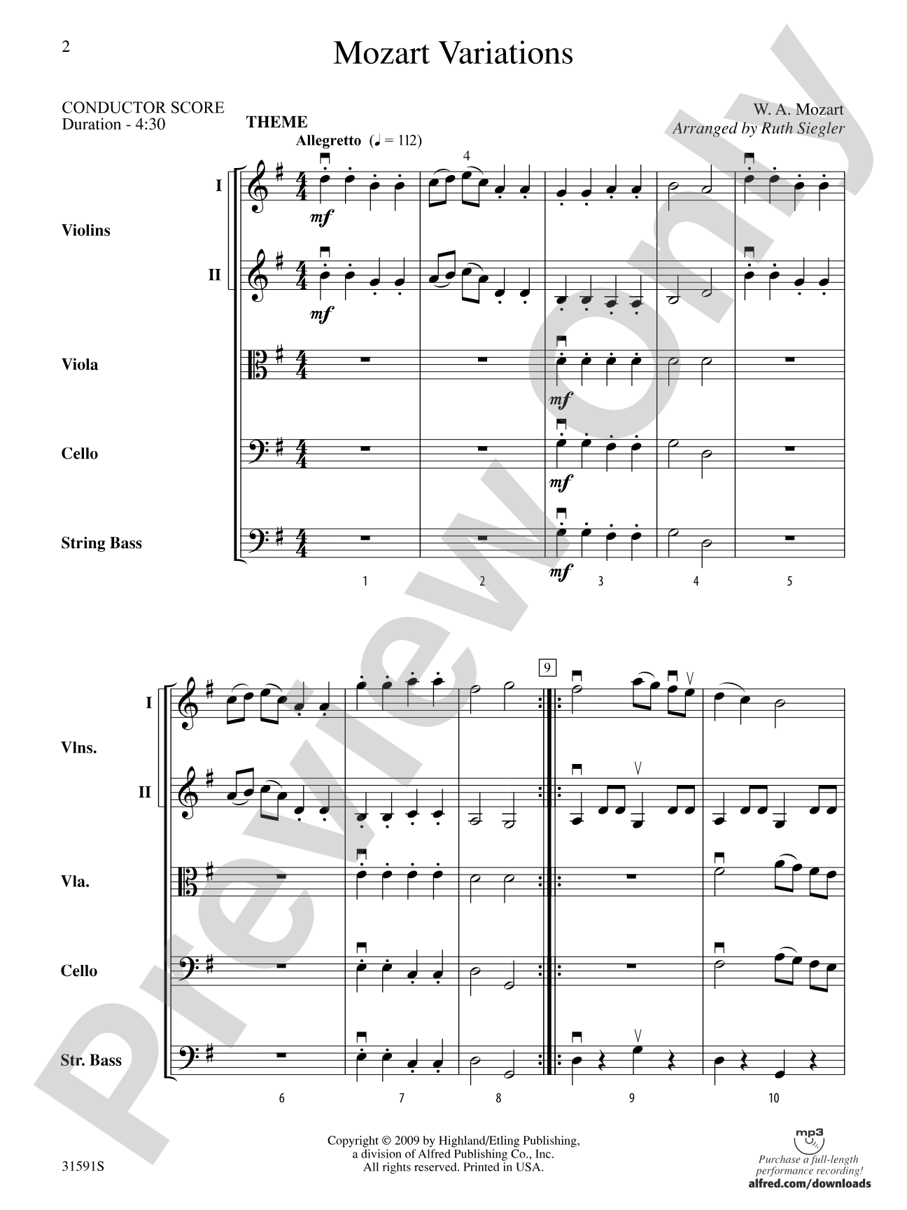 Mozart Variations: String Orchestra Conductor Score & Parts