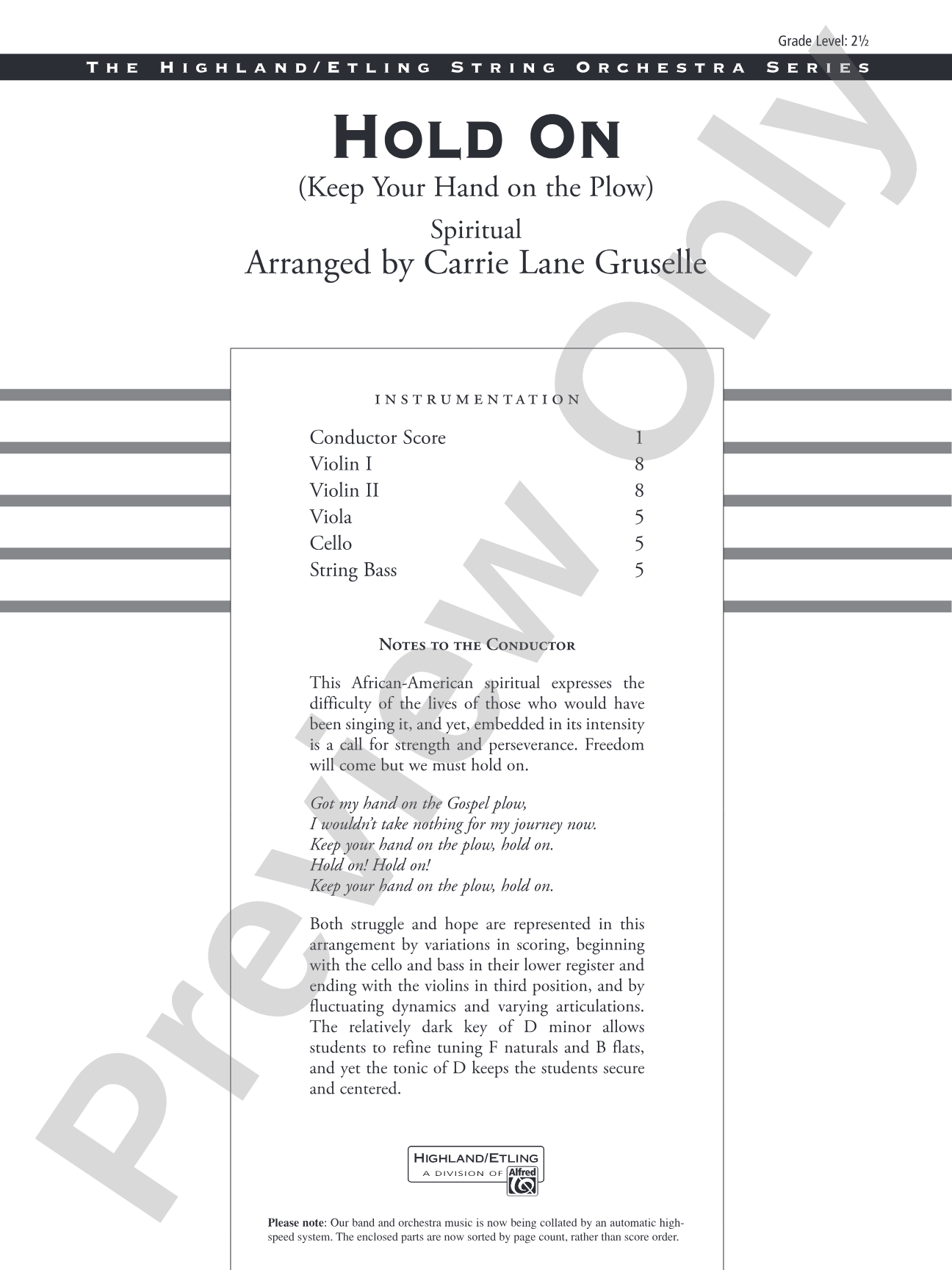 Hold On (Keep Your Hand on the Plow): String Orchestra Conductor Score & Parts