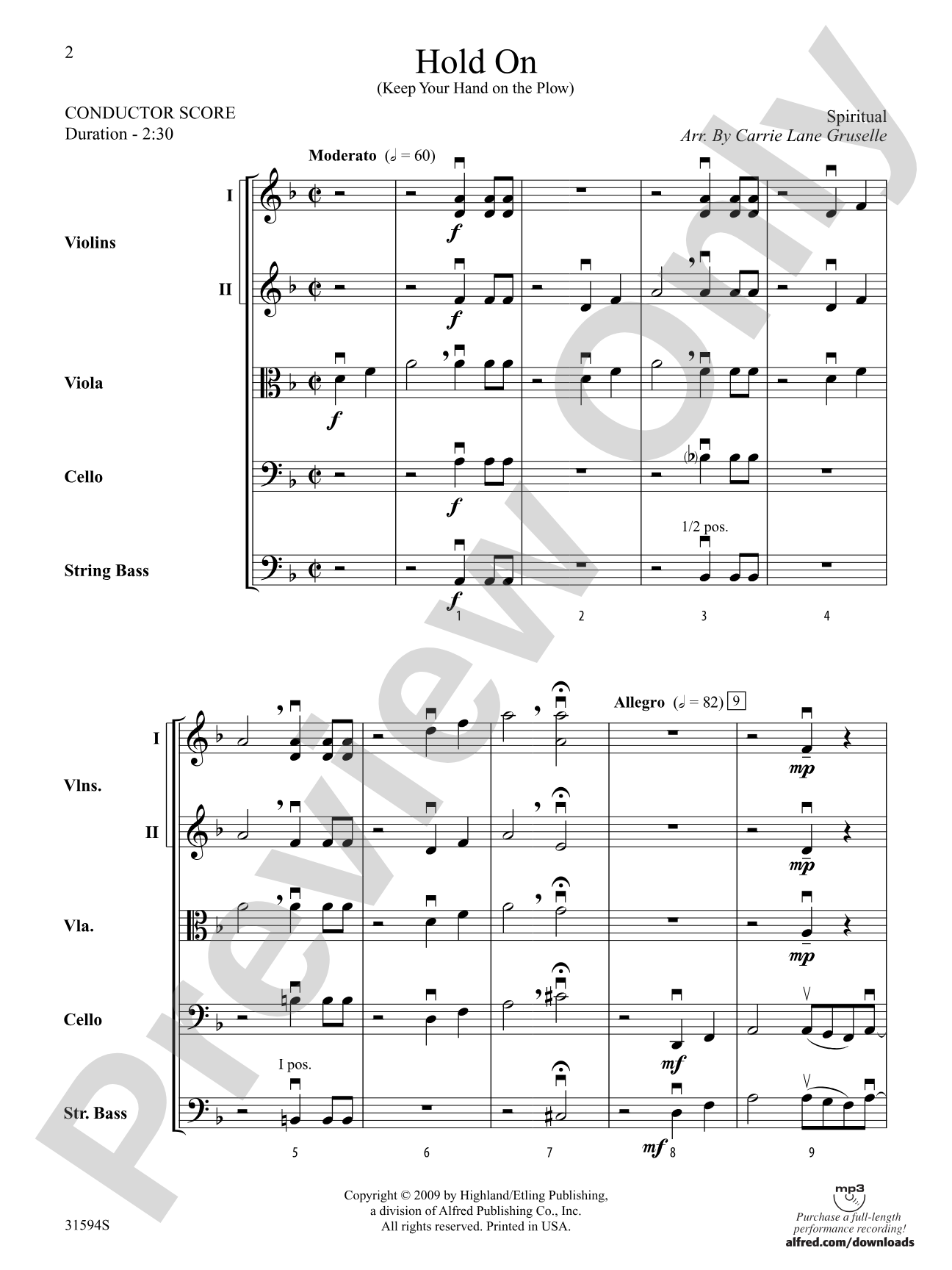 Hold On (Keep Your Hand on the Plow): String Orchestra Conductor Score & Parts