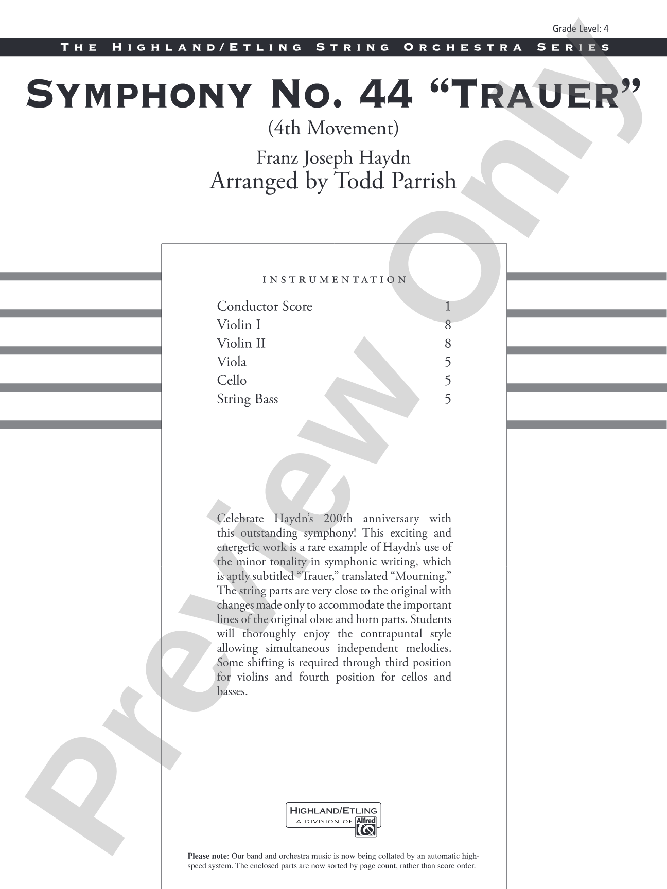 Symphony No. 44 "Trauer" (4th Movement): String Orchestra Conductor Score & Parts