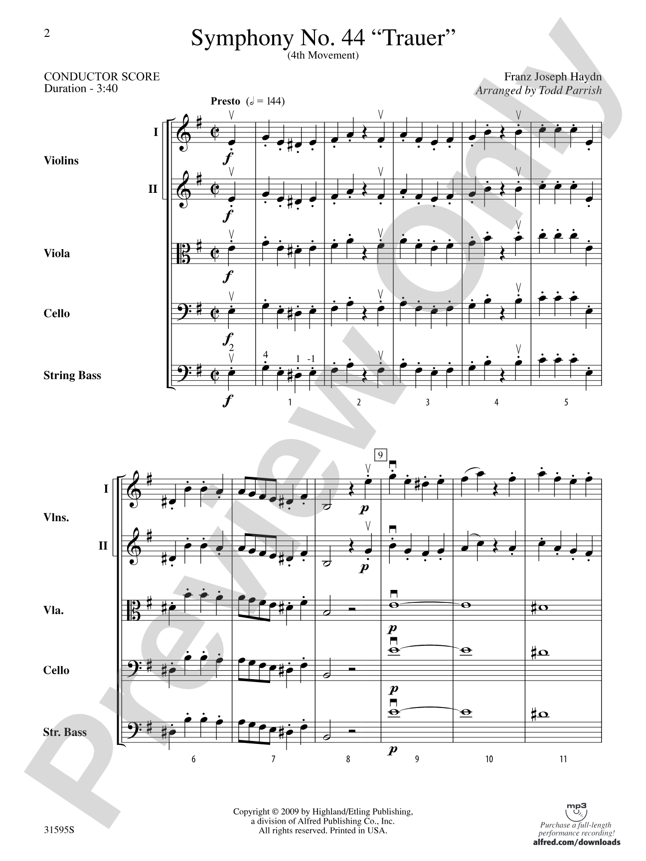 Symphony No. 44 "Trauer" (4th Movement): String Orchestra Conductor Score & Parts