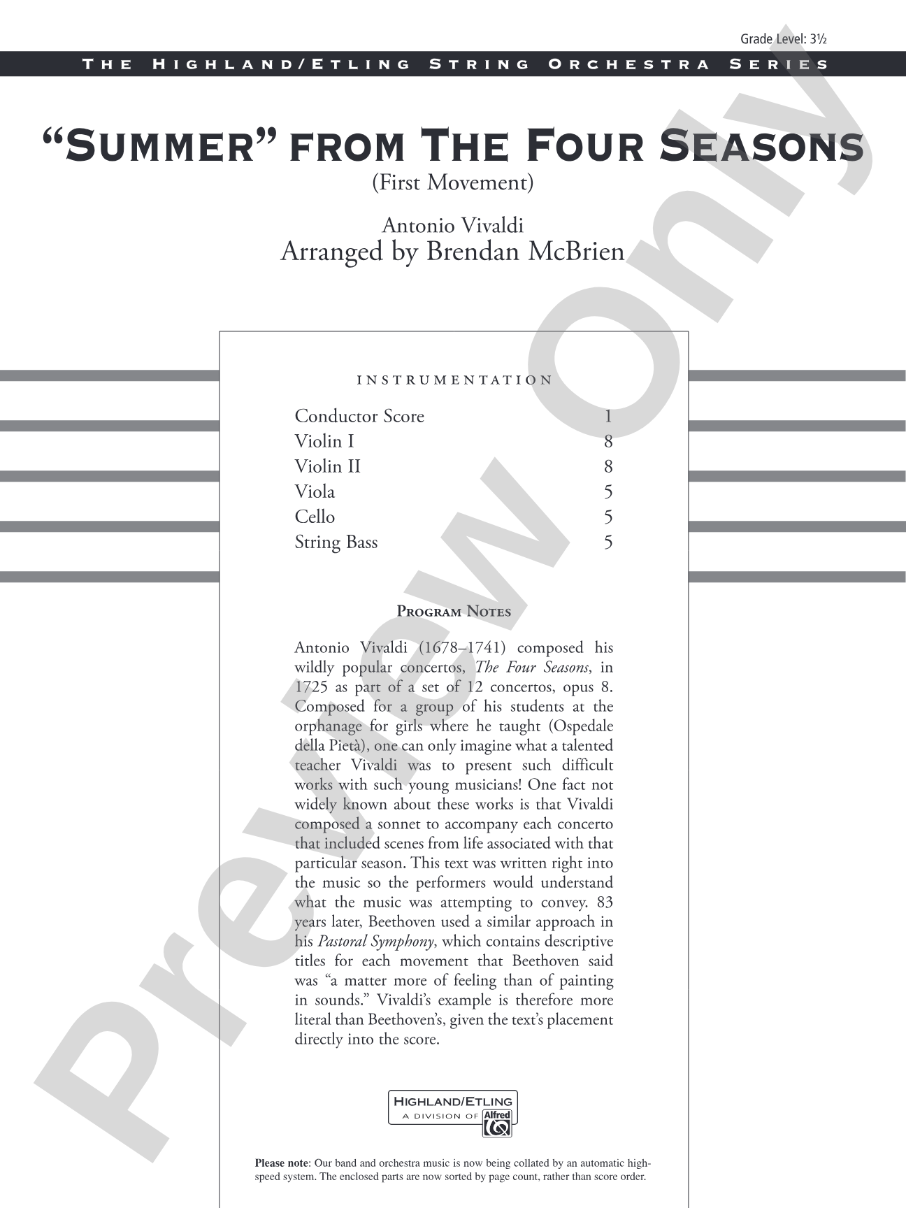 "Summer" from The Four Seasons: String Orchestra Conductor Score & Parts