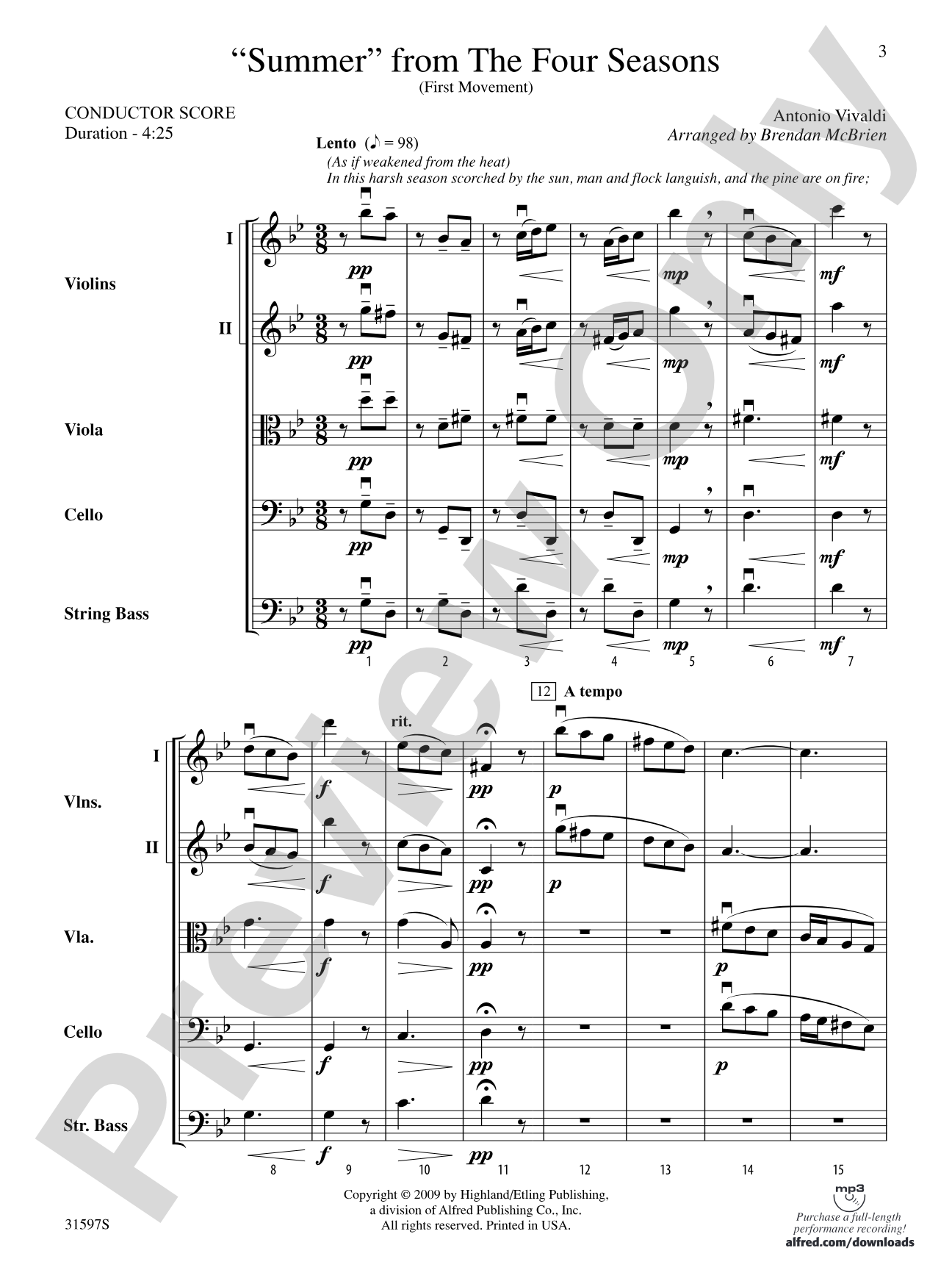 "Summer" from The Four Seasons: String Orchestra Conductor Score & Parts