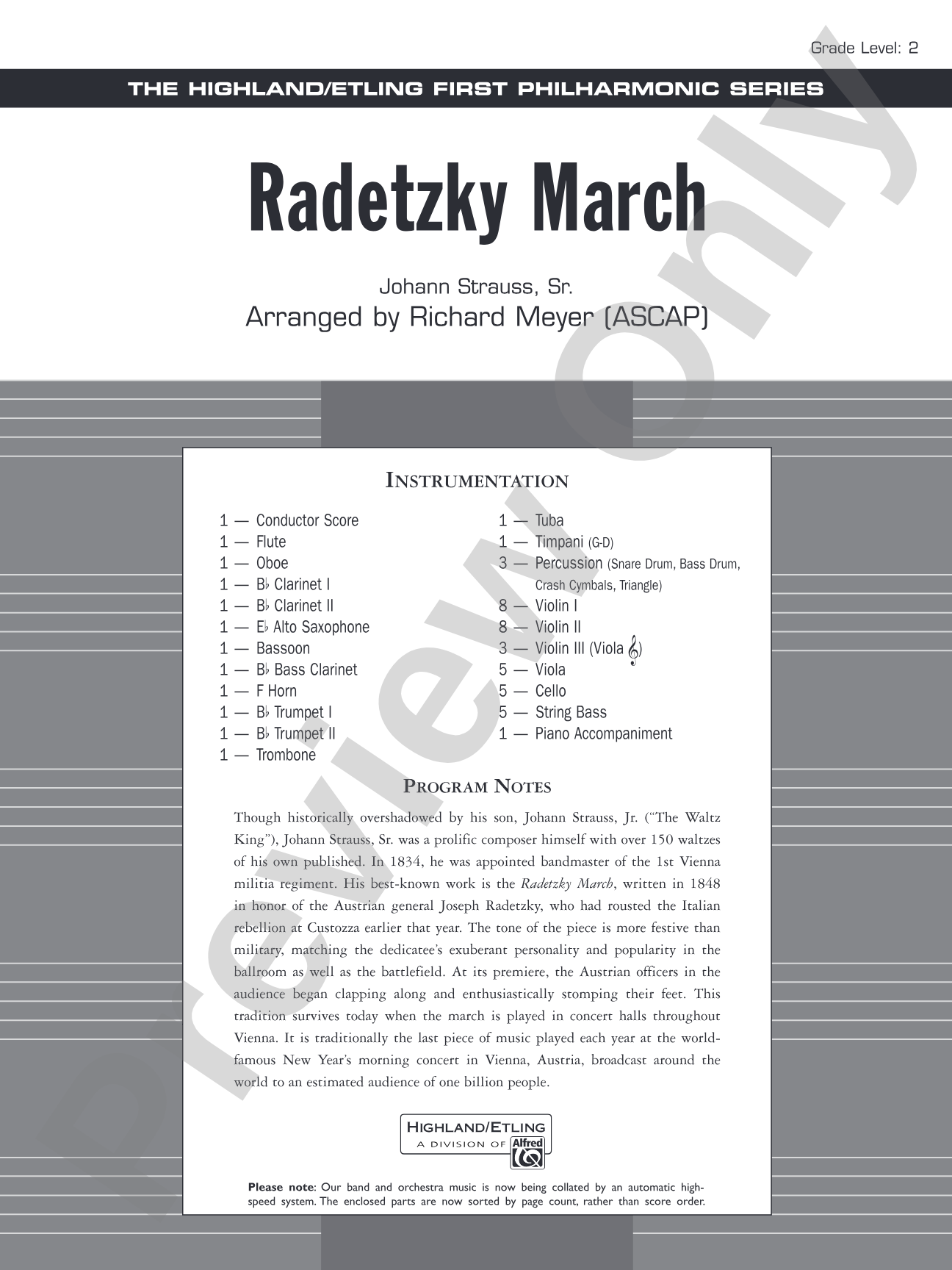Radetzky March: Full Orchestra Conductor Score & Parts