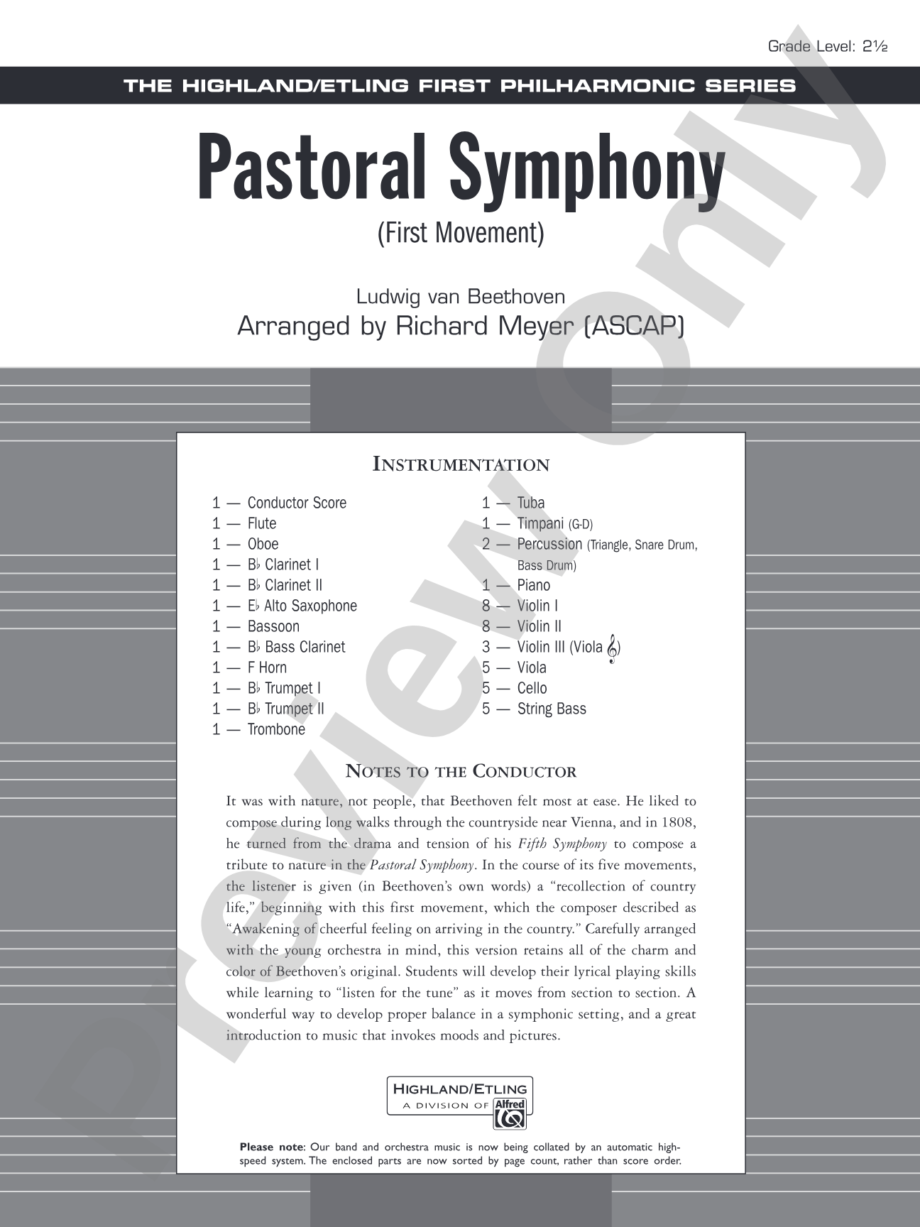 Pastoral Symphony (First Movement): Full Orchestra Conductor Score & Parts
