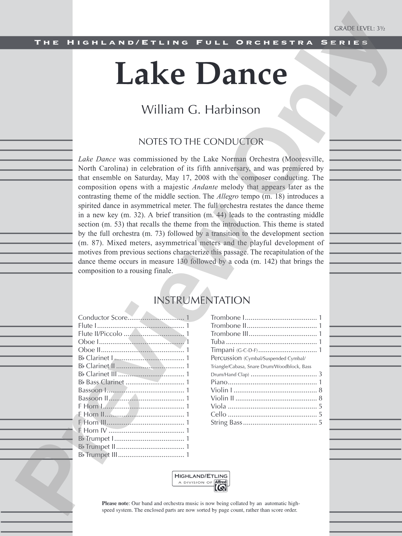 Lake Dance: Full Orchestra Conductor Score & Parts