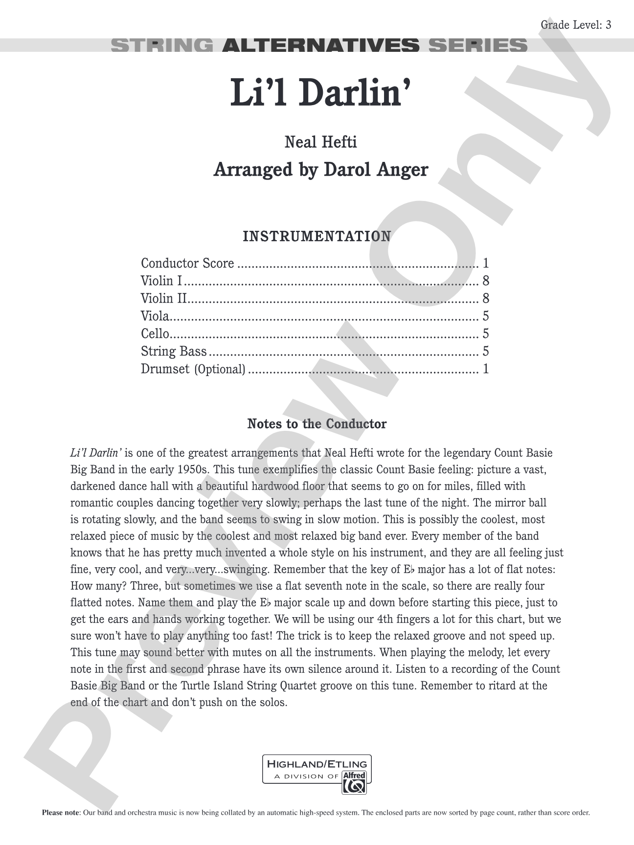 Li'l Darlin': String Orchestra Conductor Score & Parts