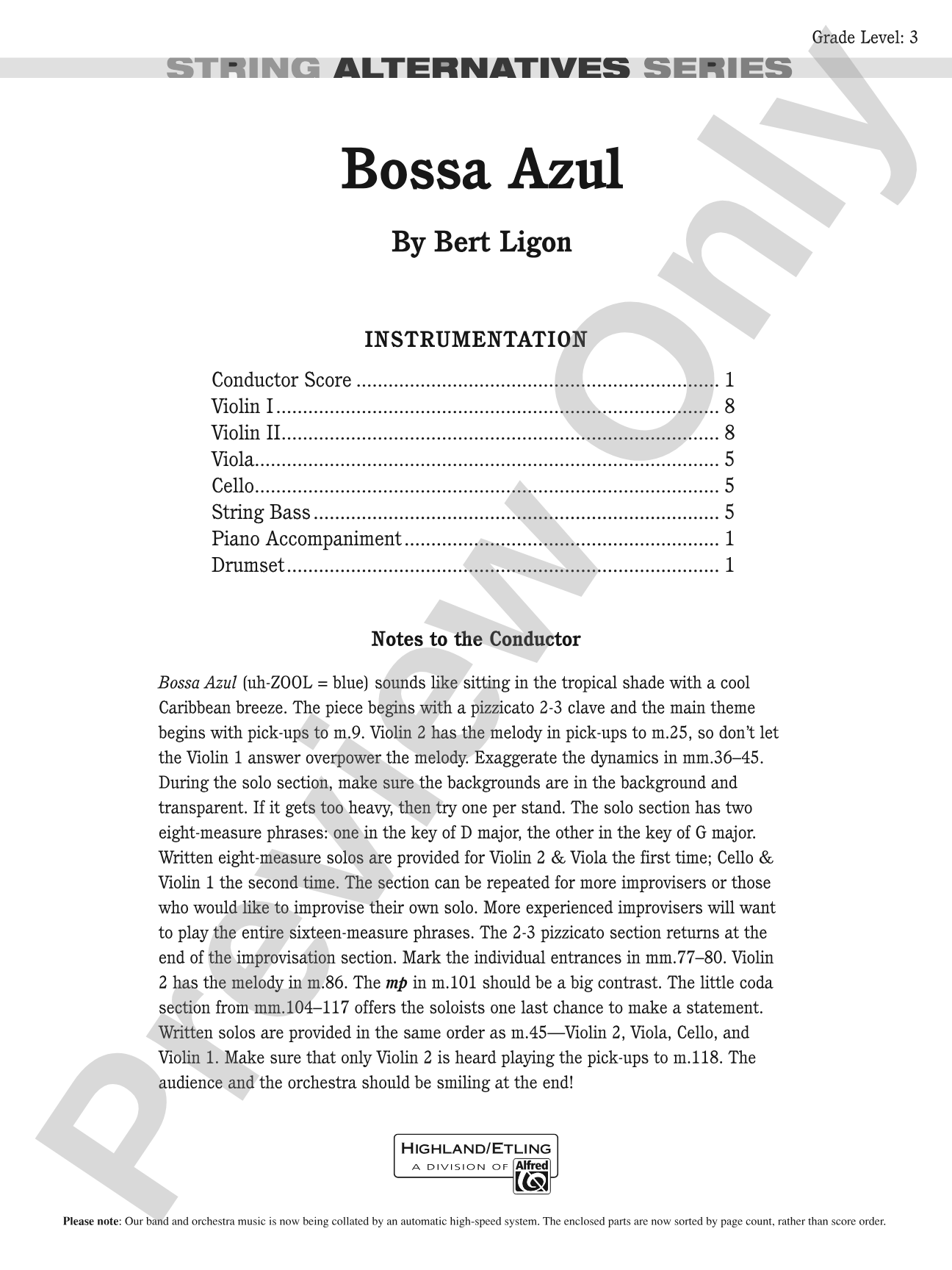 Bossa Azul: String Orchestra Conductor Score & Parts