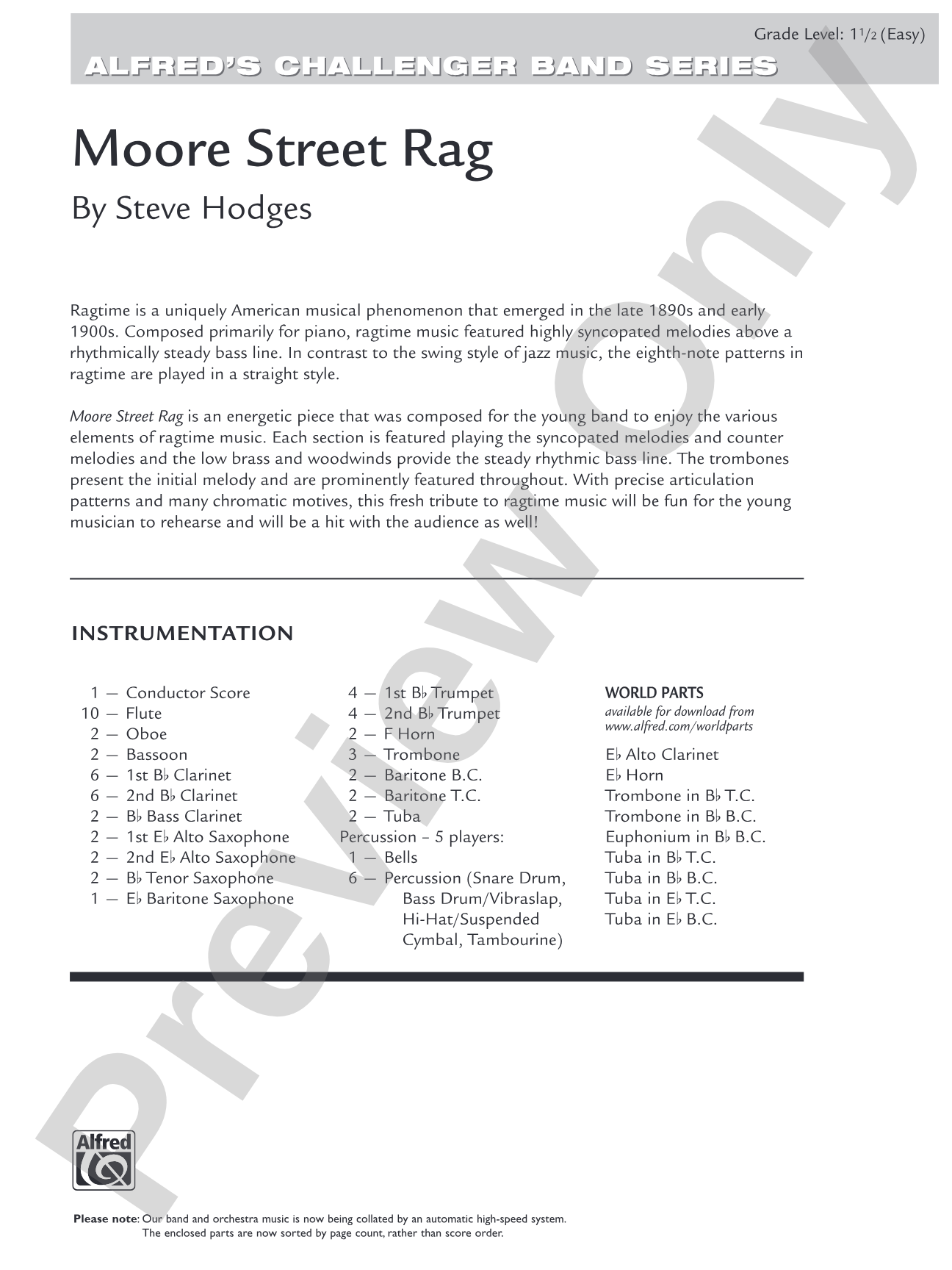 Moore Street Rag: Concert Band Conductor Score & Parts