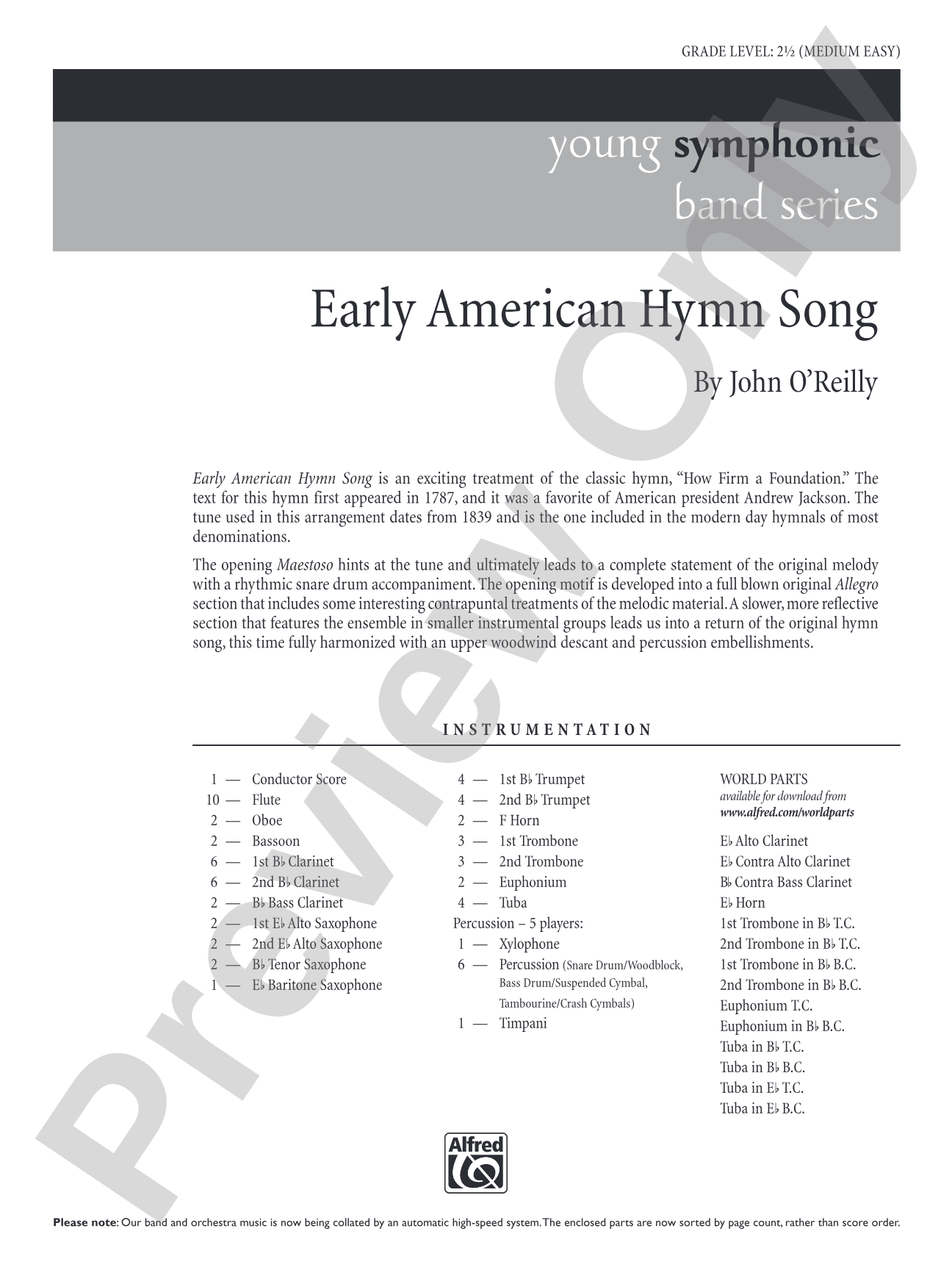 Early American Hymn Song: Concert Band Conductor Score & Parts